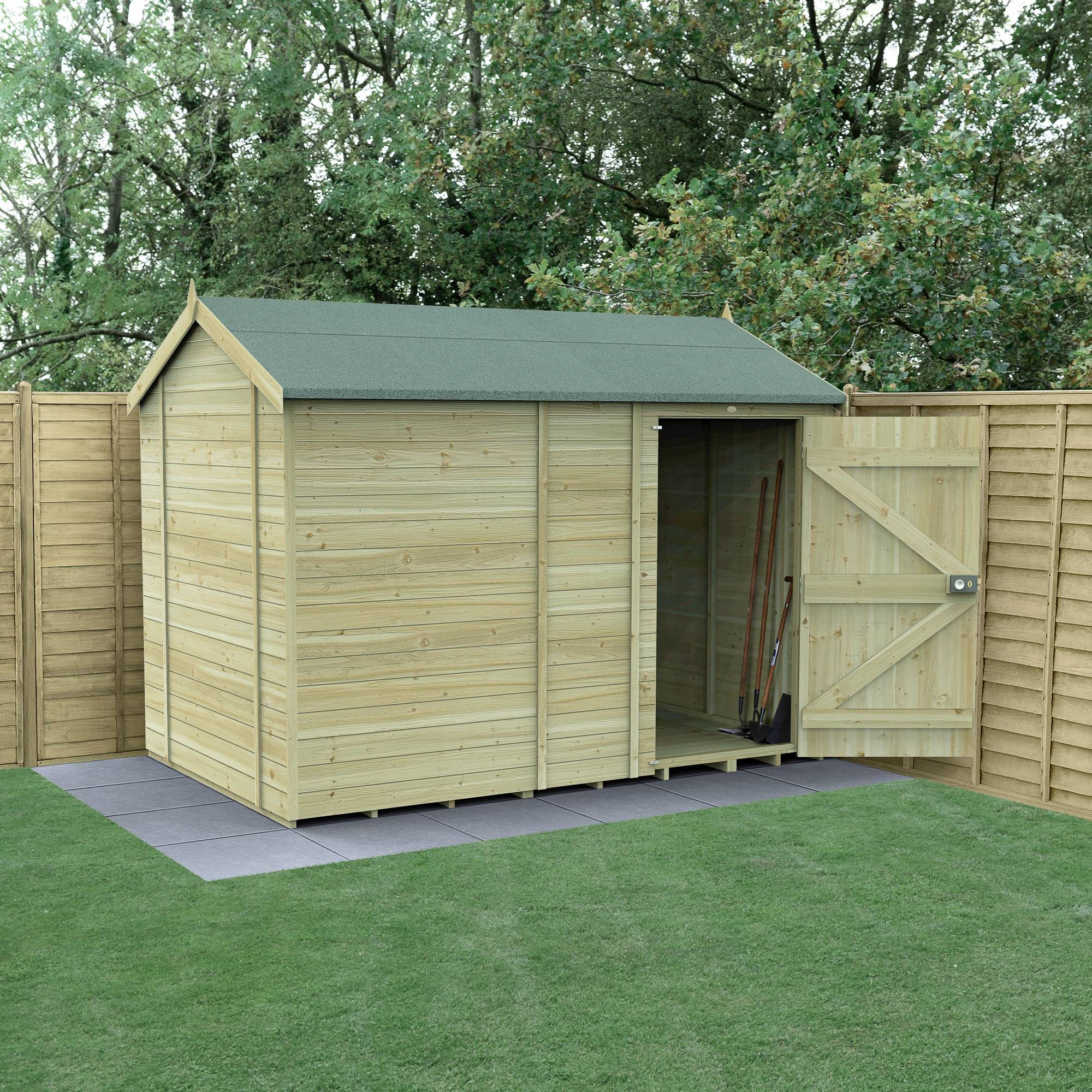 Forest Garden Timberdale 10 x 6ft Reverse Apex Tongue & Groove Pressure Treated Windowless Shed with Base