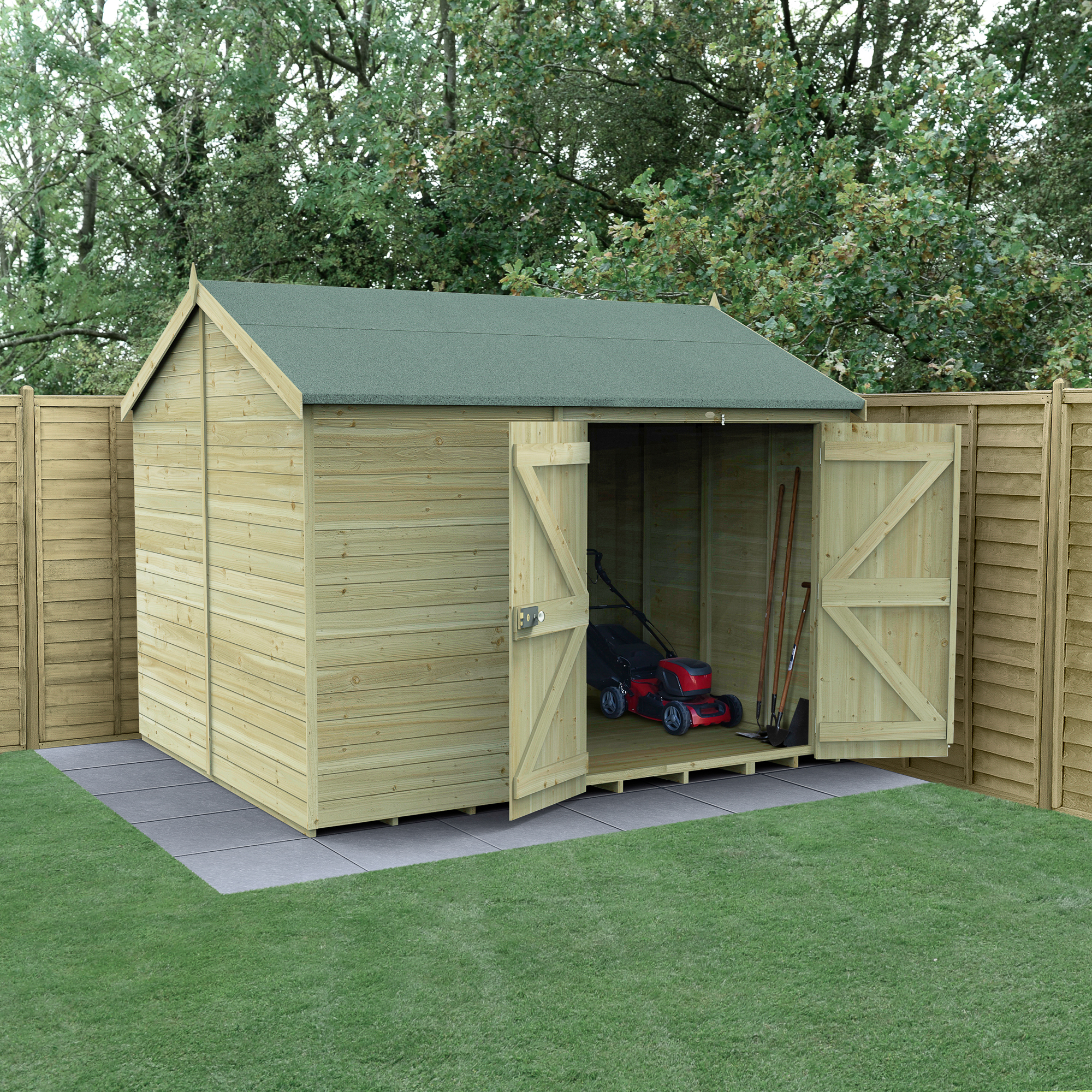 Forest Garden Timberdale Reverse Apex Tongue & Groove Pressure Treated Double Door Windowless Shed with Base - 8 x 10ft