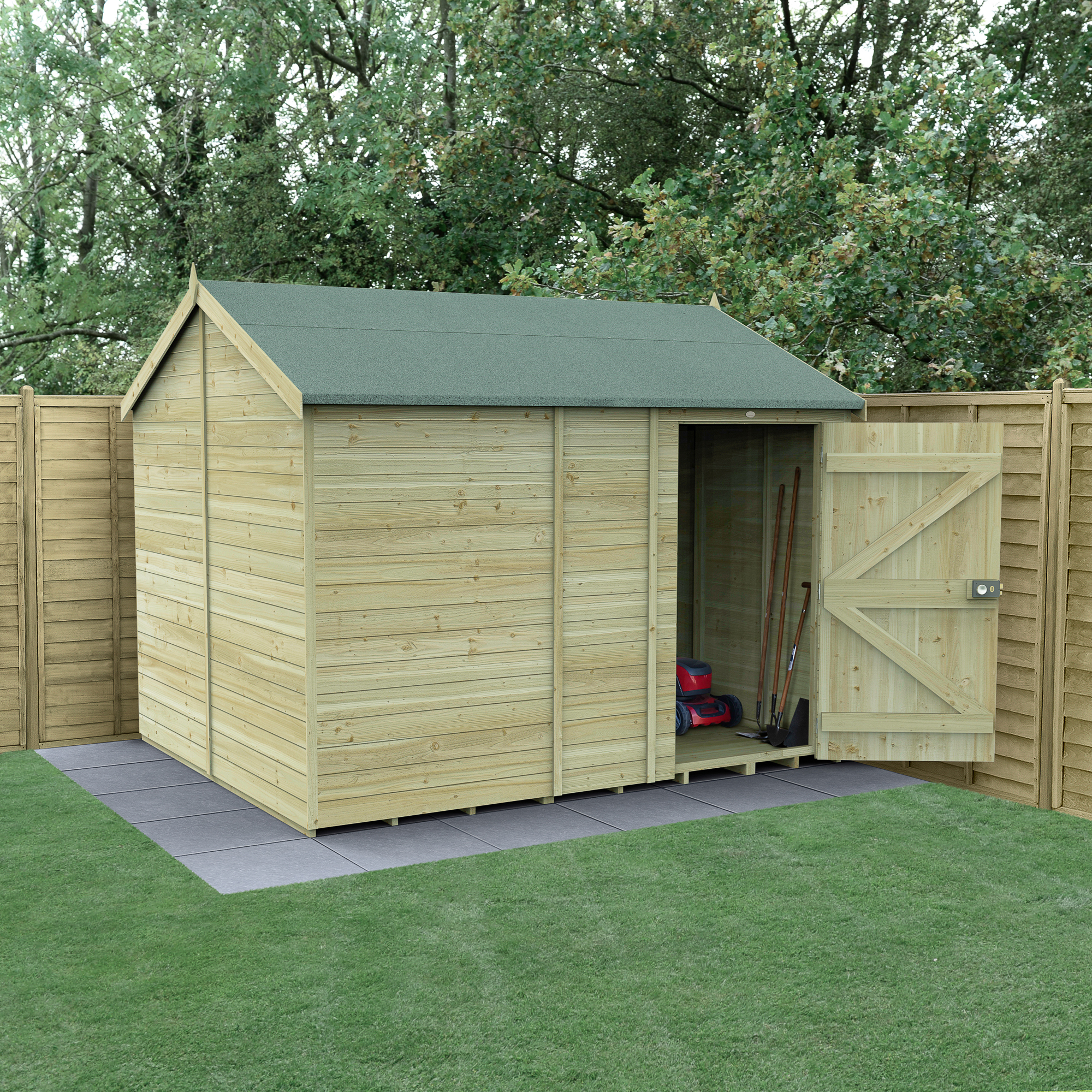 Forest Garden Timberdale 8 x 10ft Reverse Apex Tongue & Groove Pressure Treated Windowless Shed with Base