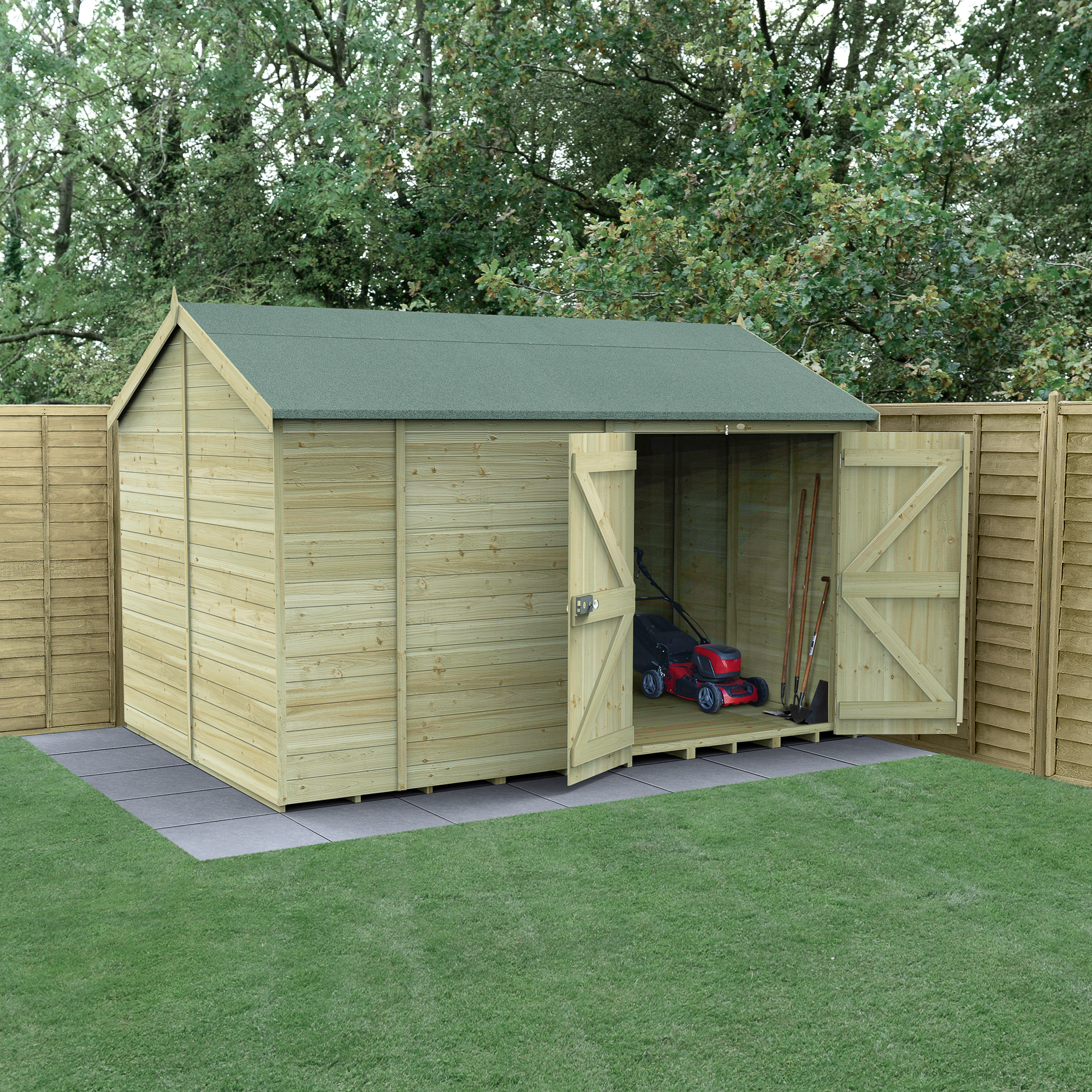 Forest Garden Timberdale Reverse Apex Tongue & Groove Pressure Treated Double Door Windowless Shed with Base - 8 x 12ft