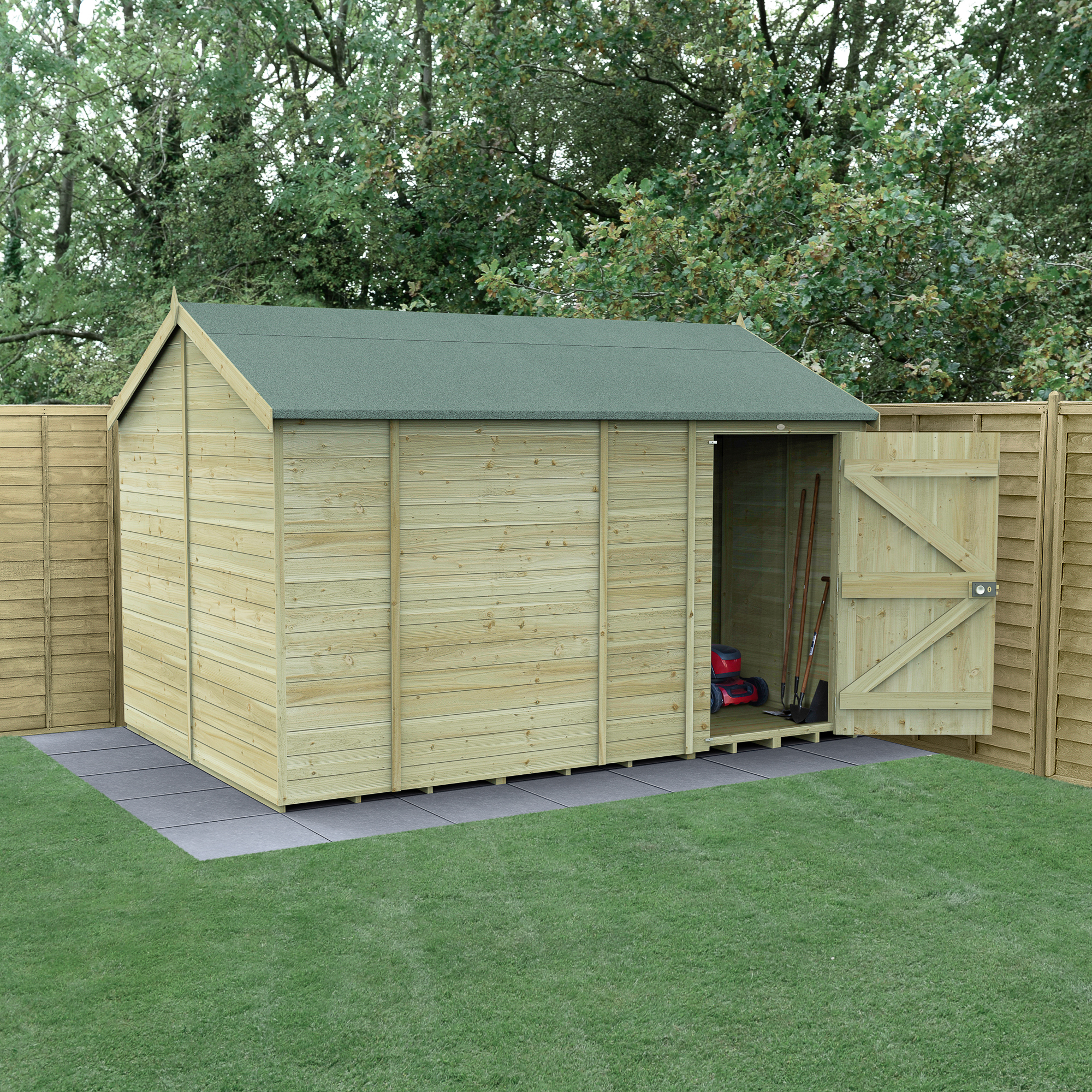 Forest Garden Timberdale 8 x 12ft Reverse Apex Tongue & Groove Pressure Treated Windowless Shed with Base