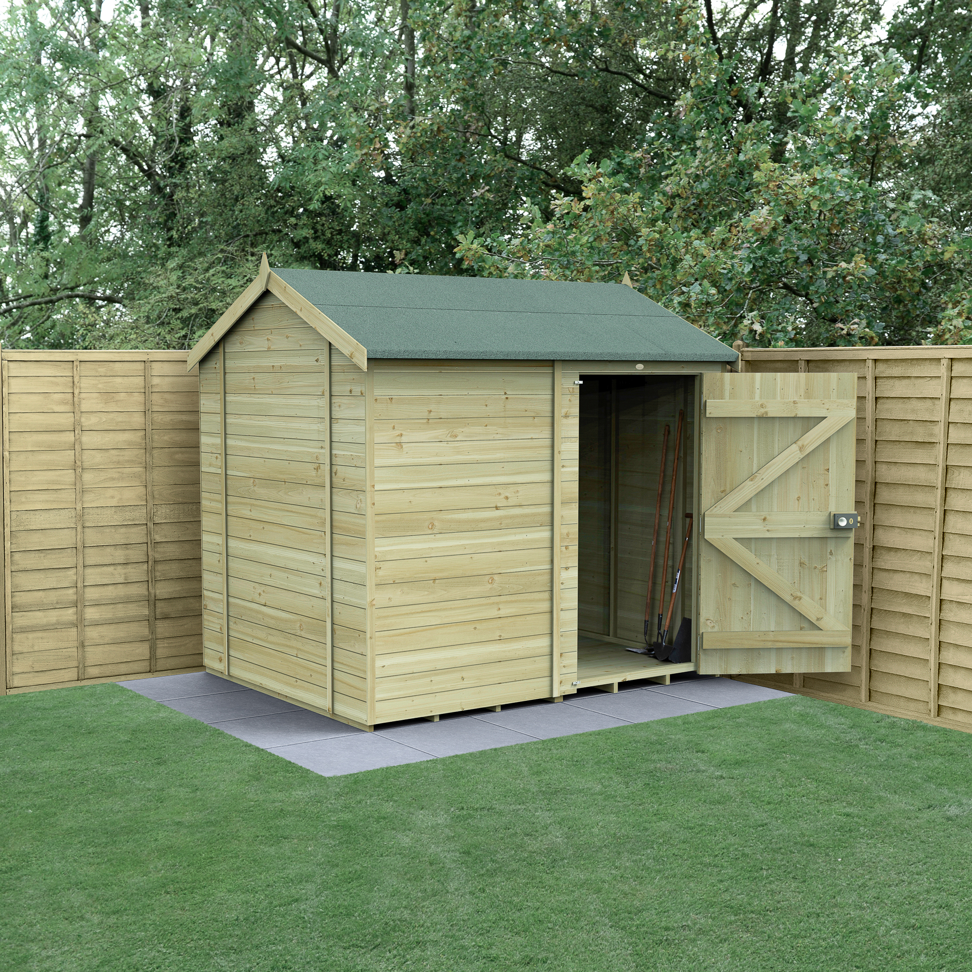 Forest Garden Timberdale 8 x 6ft Reverse Apex Tongue & Groove Pressure Treated Windowless Shed with Base