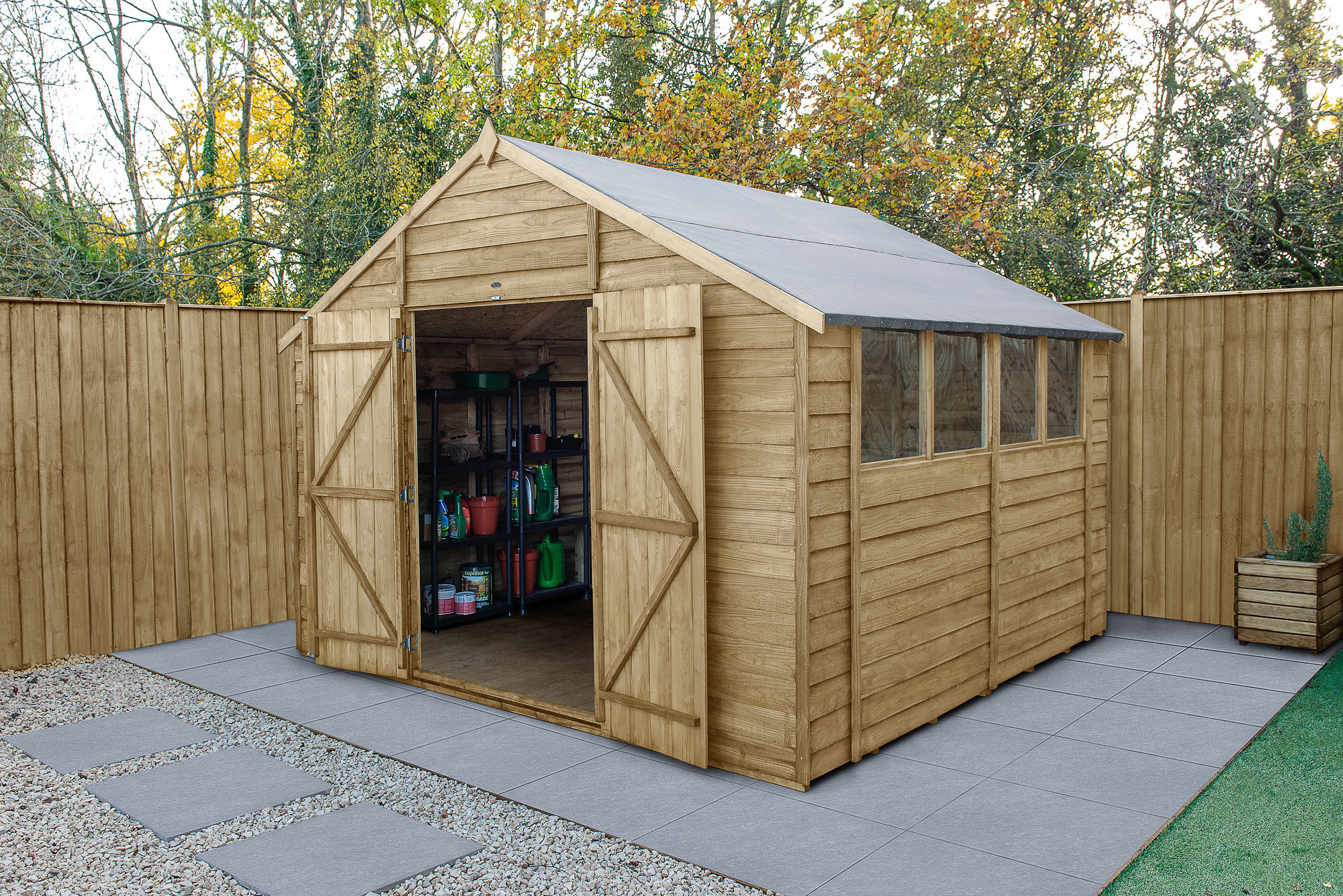 Forest Garden 10 x 10ft 4Life Apex Overlap Pressure Treated Double Door Shed with Base