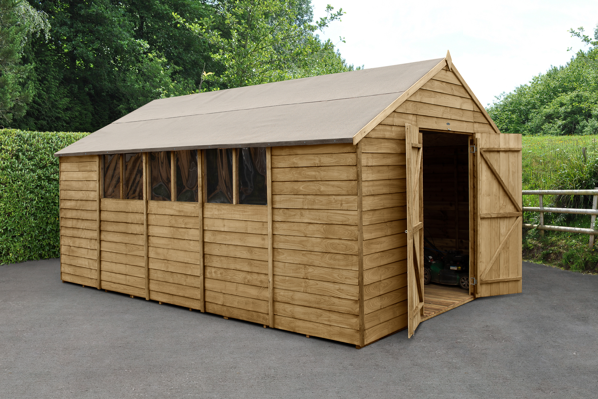 Forest Garden 10 x 15ft 4Life Apex Overlap Pressure Treated Double Door Shed with Base