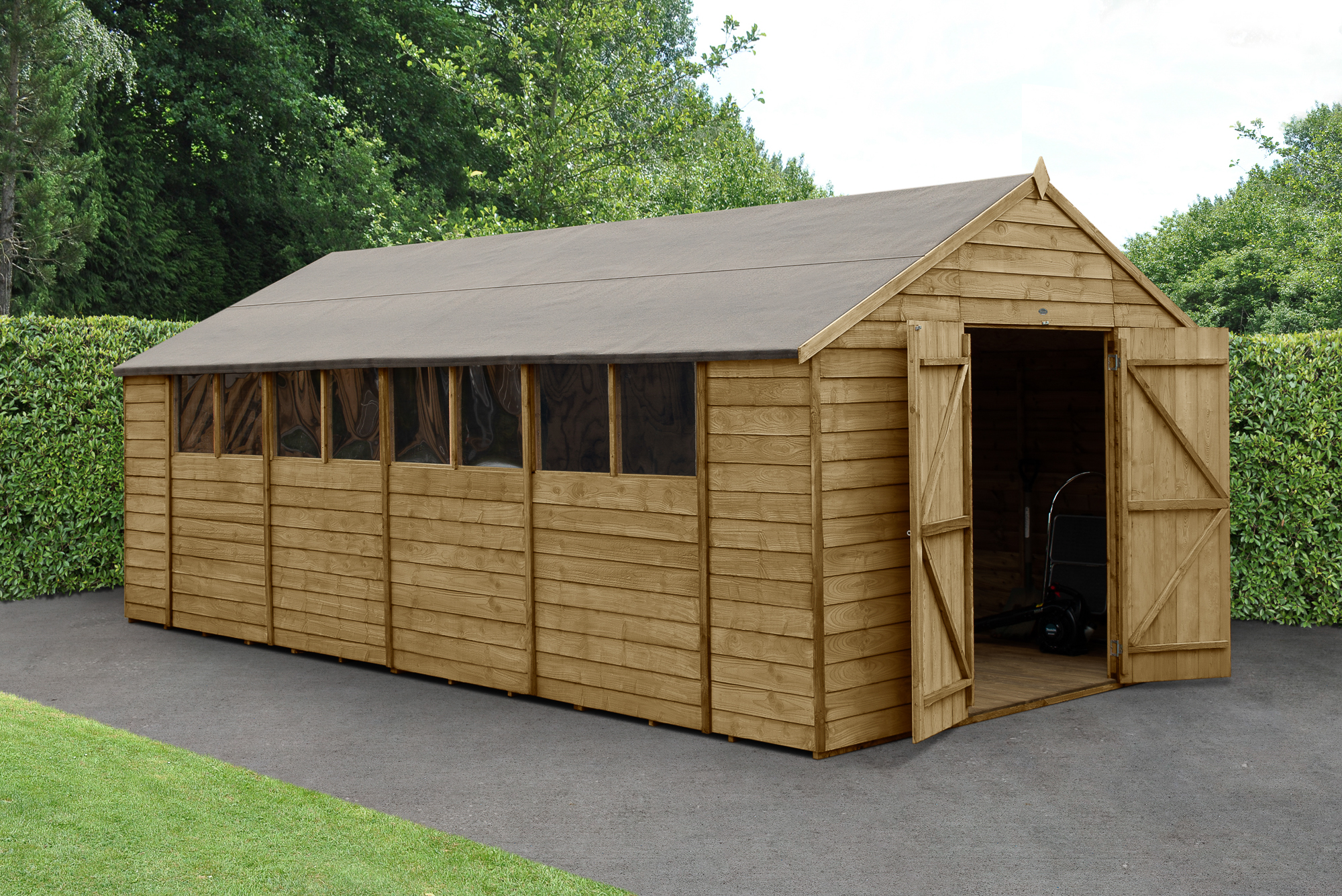 Forest Garden 10 x 20ft 4Life Apex Overlap Pressure Treated Double Door Shed with Base