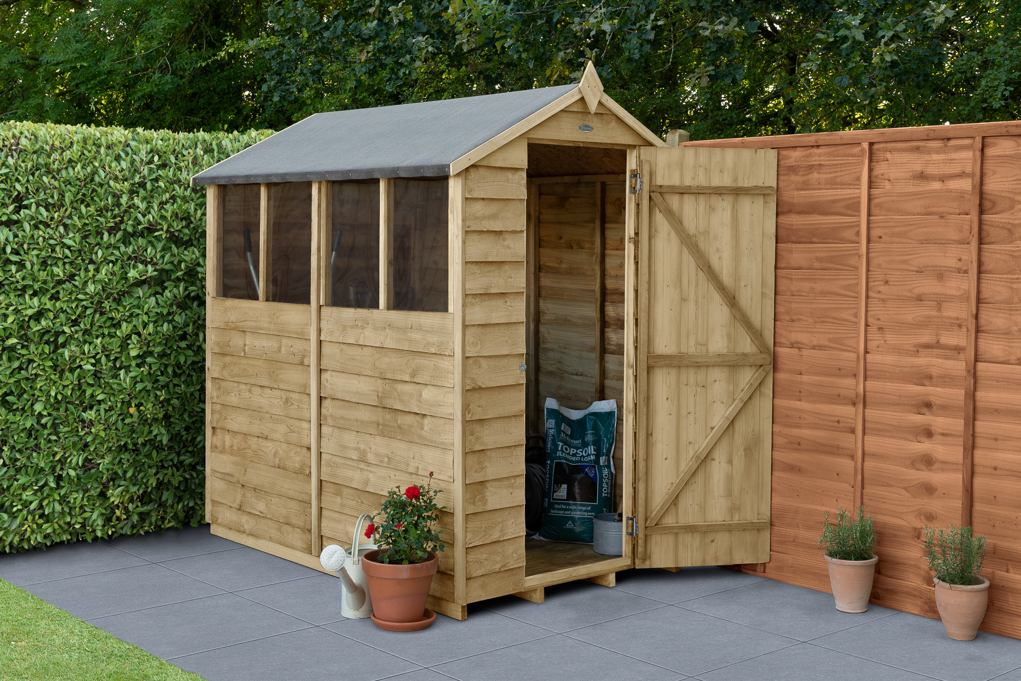 Forest Garden 4LIFE Apex Overlap Pressure Treated Shed with Base 4 Windows - 4 x 6ft