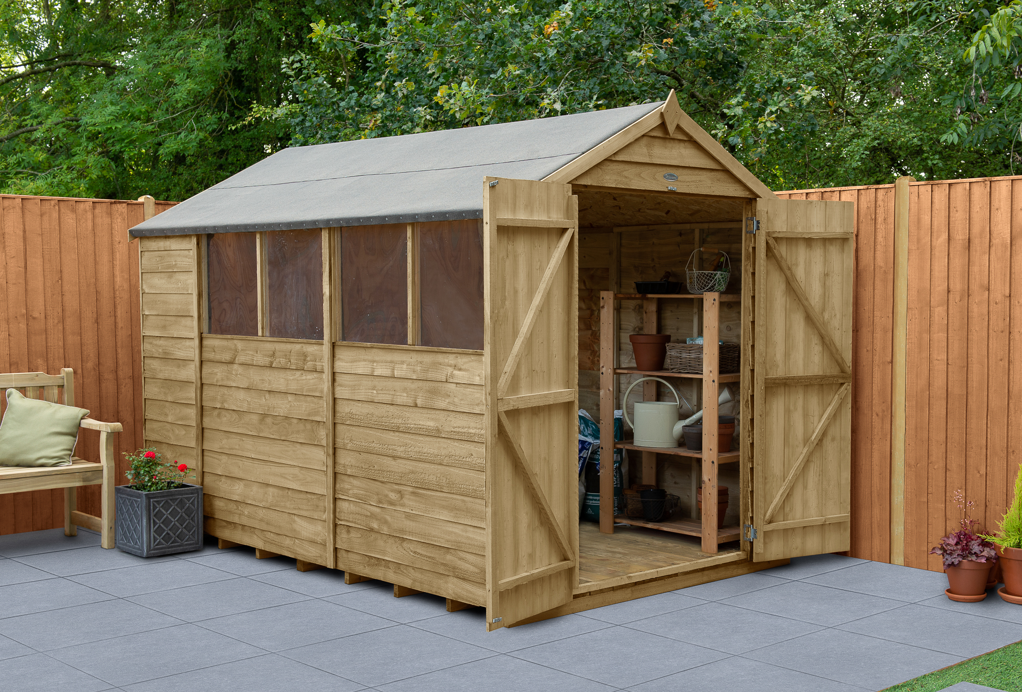 Forest Garden 6 x 10ft 4Life Apex Overlap Pressure Treated Double Door Shed with Base