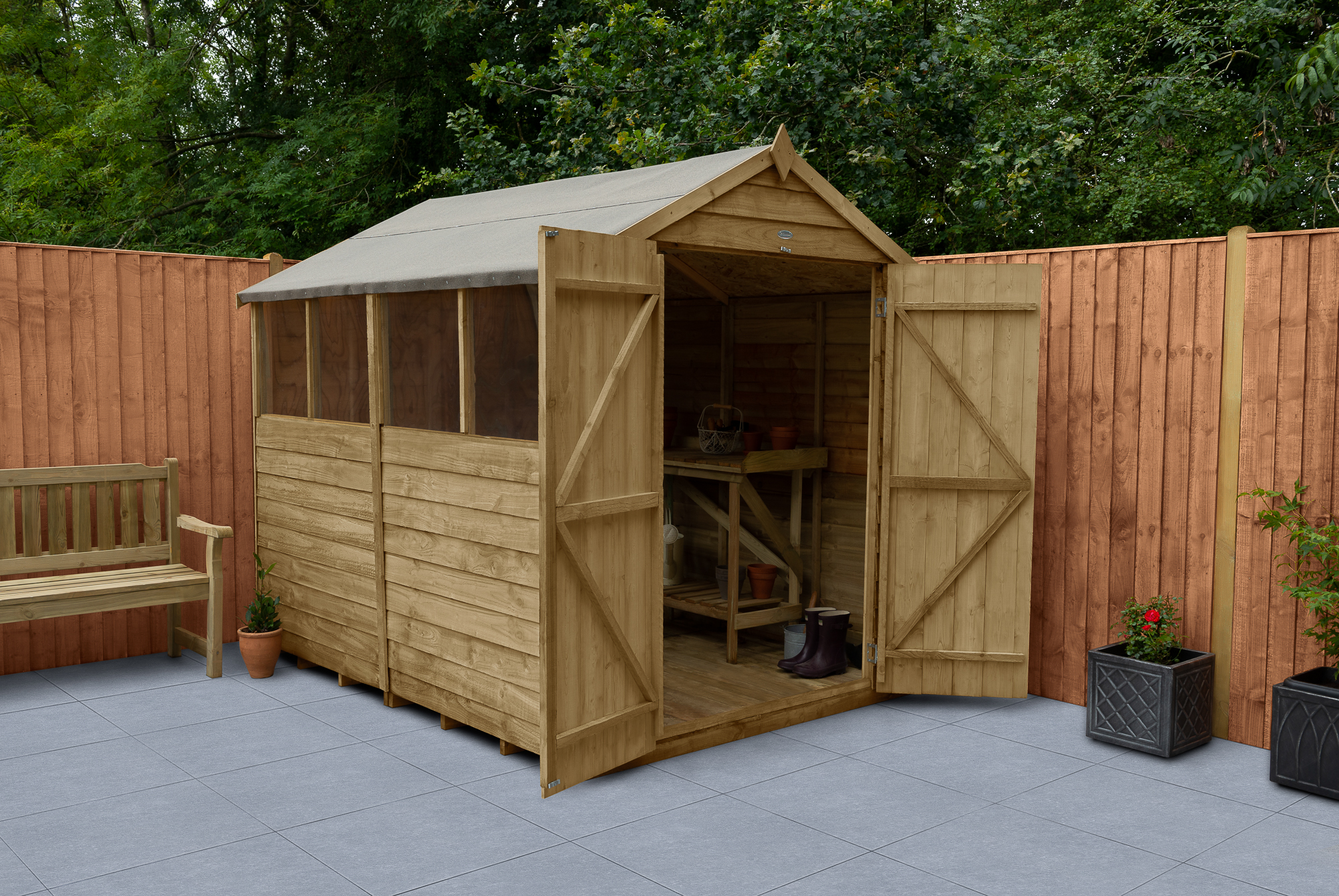 Forest Garden 6 x 8ft 4Life Apex Overlap Pressure Treated Double Door Shed with Base (4 Windows)