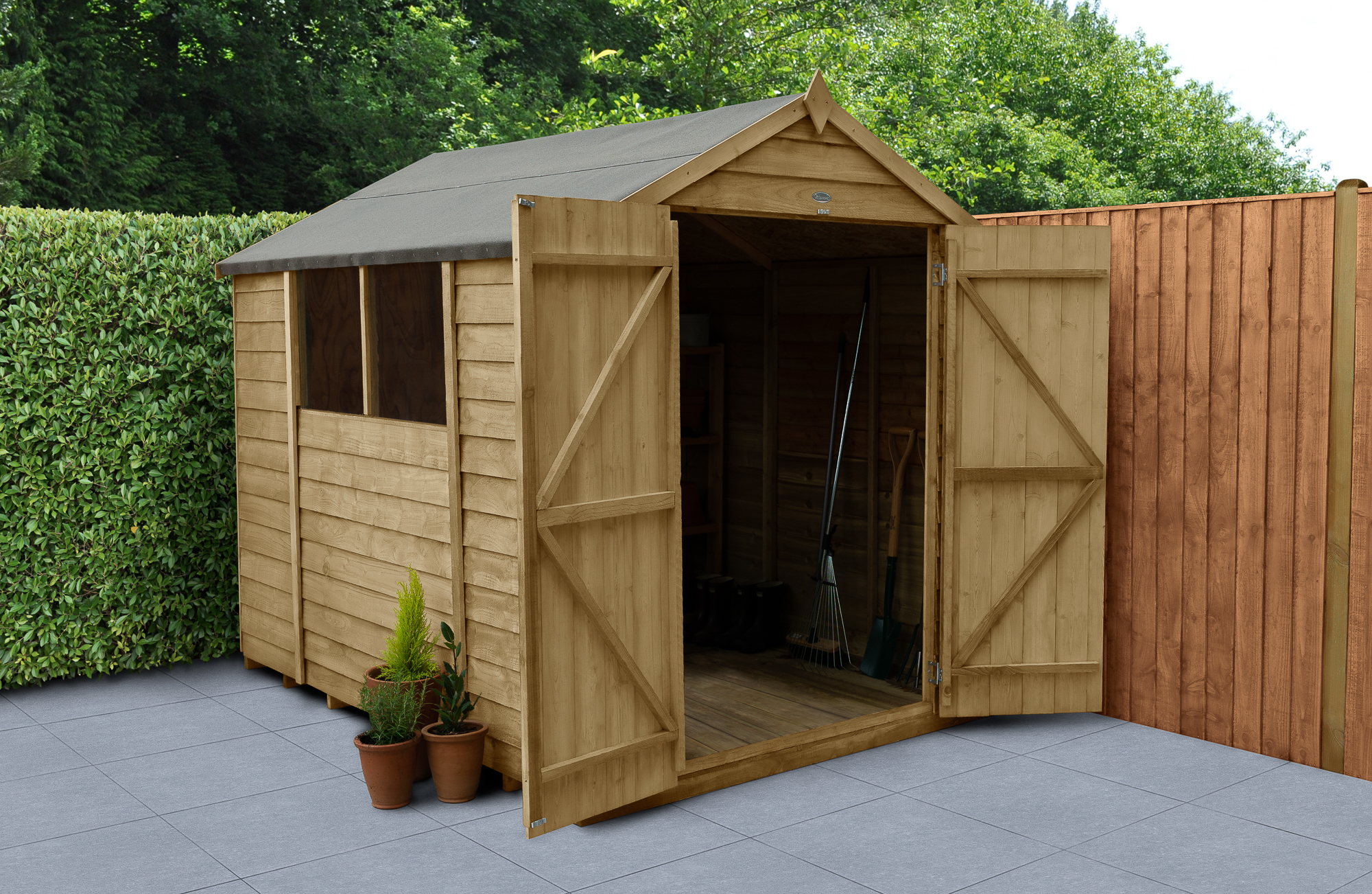 Forest Garden 6 x 8ft 4Life Apex Overlap Pressure Treated Double Door Shed with Base (2 Windows)