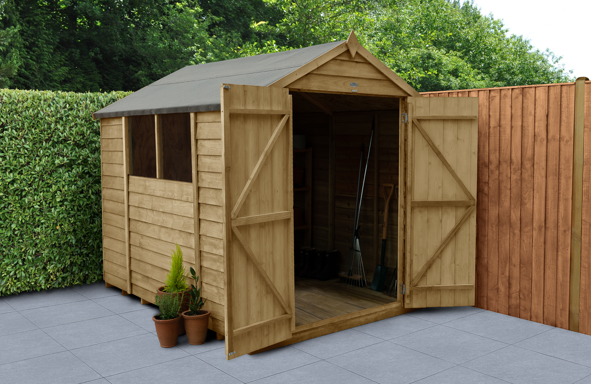 Forest Garden 4LIFE Apex Overlap Pressure Treated Double Door Shed with Base 2 Windows - 6 x 8ft