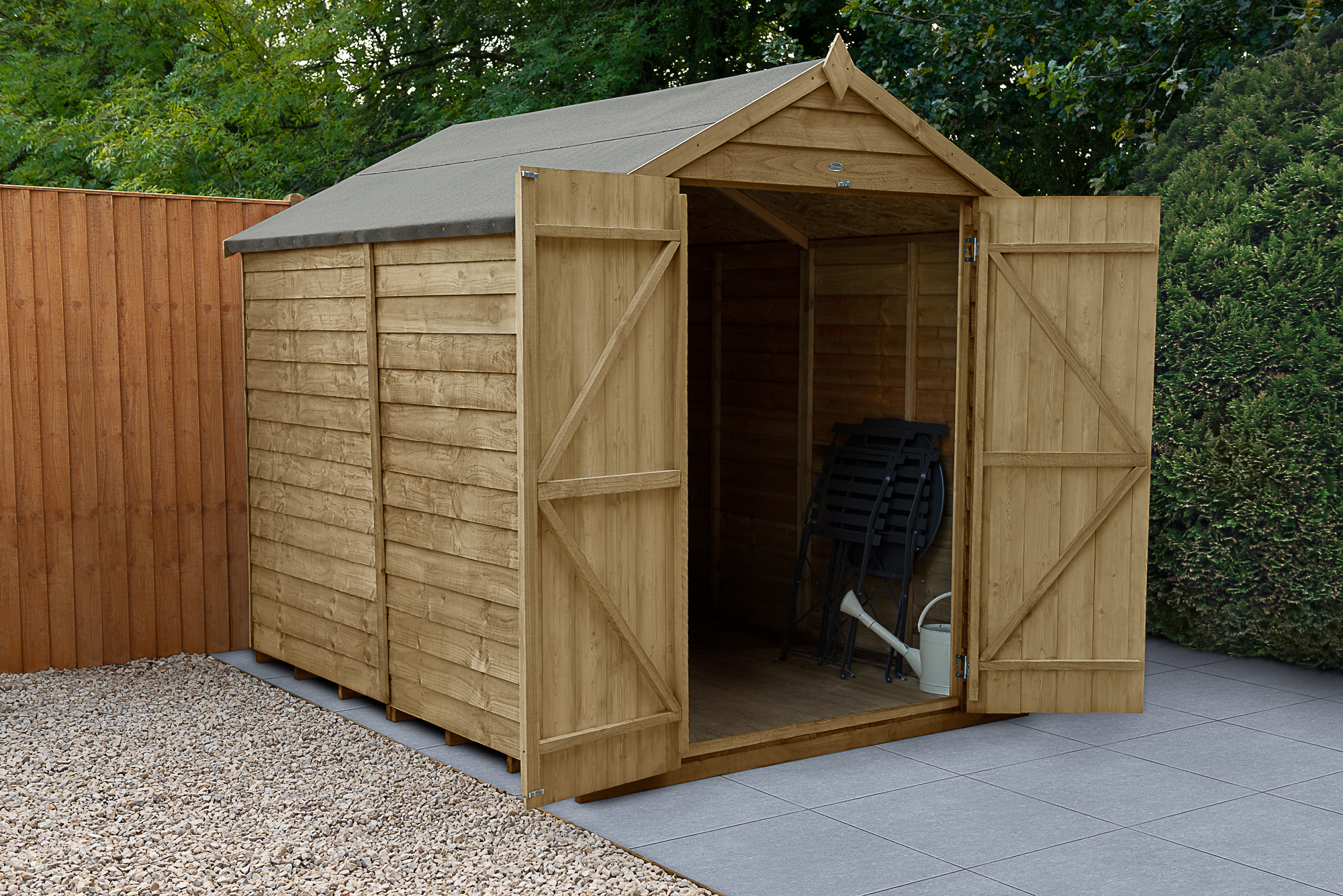 Forest Garden 6 x 8ft 4Life Apex Overlap Pressure Treated Double Door Windowless Shed with Base