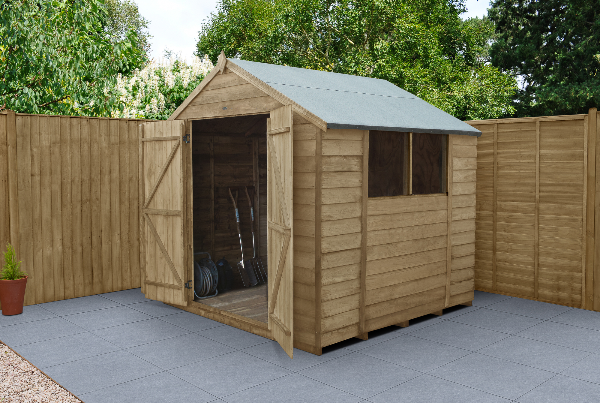 Forest Garden 7 x 7ft 4Life Apex Overlap Pressure Treated Double Door Shed with Base