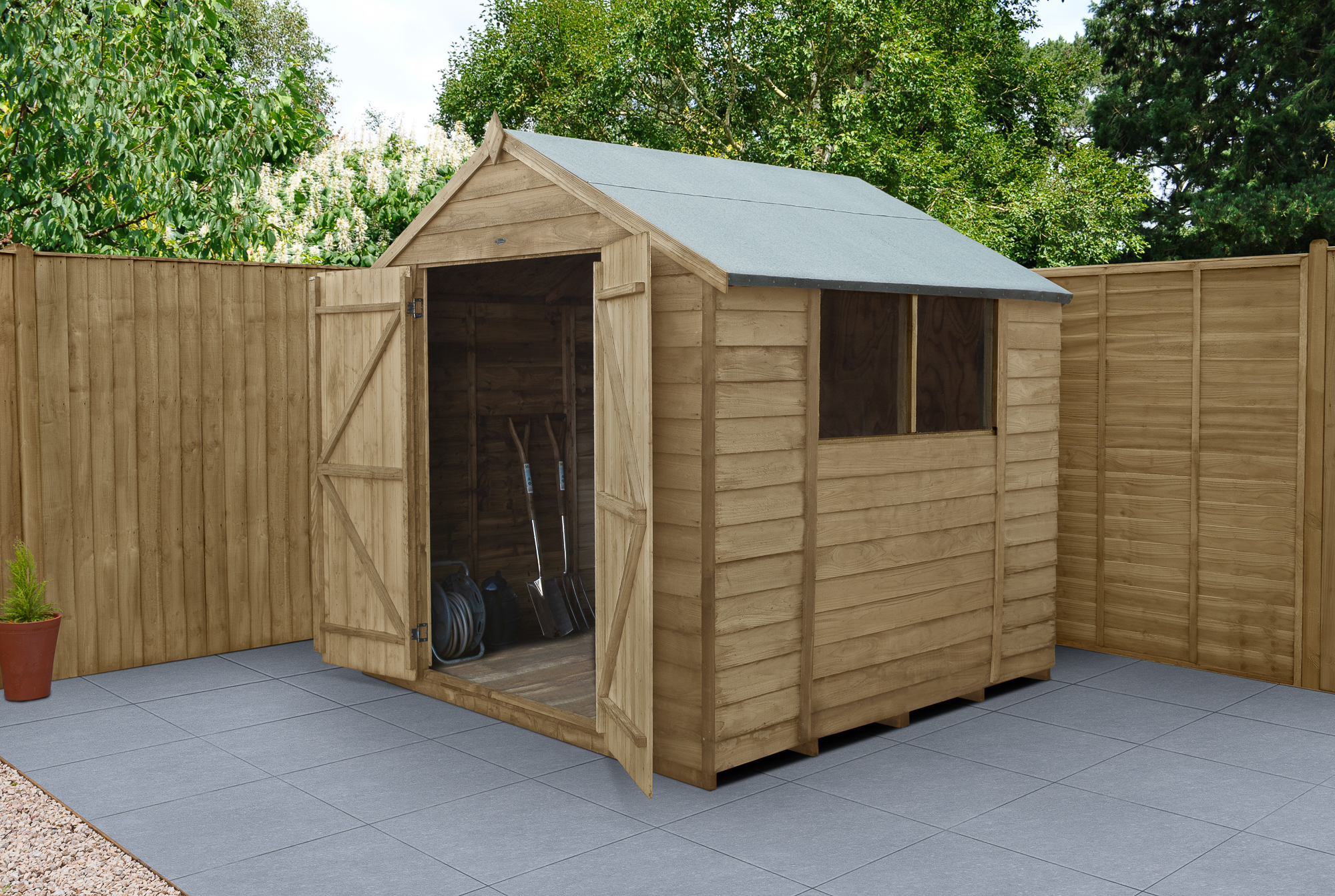 Forest Garden 4LIFE Apex Overlap Pressure Treated Double Door Shed with Base - 7 x 7ft