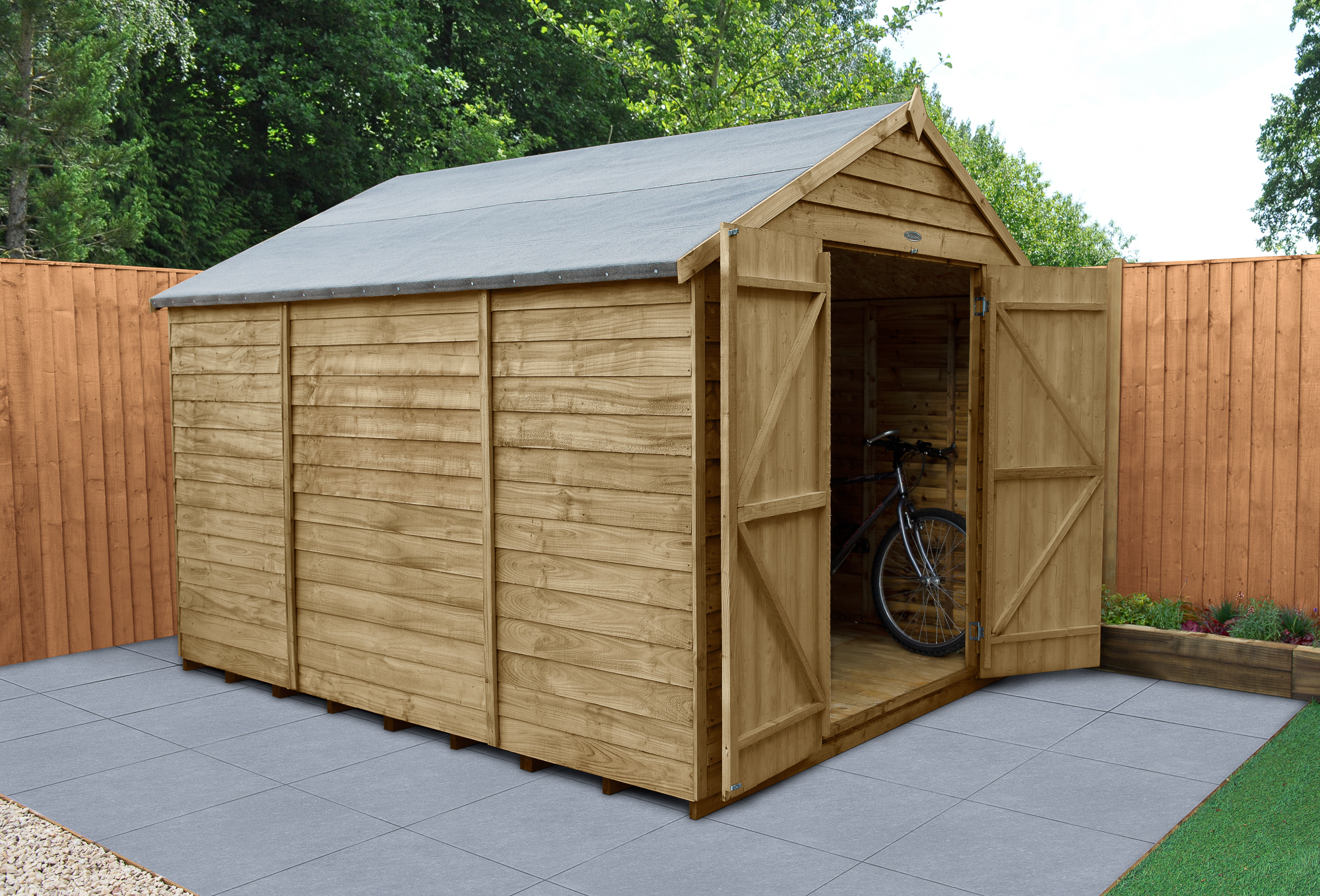 Forest Garden 8 x 10ft 4Life Apex Overlap Pressure Treated Double Door Windowless Shed with Base