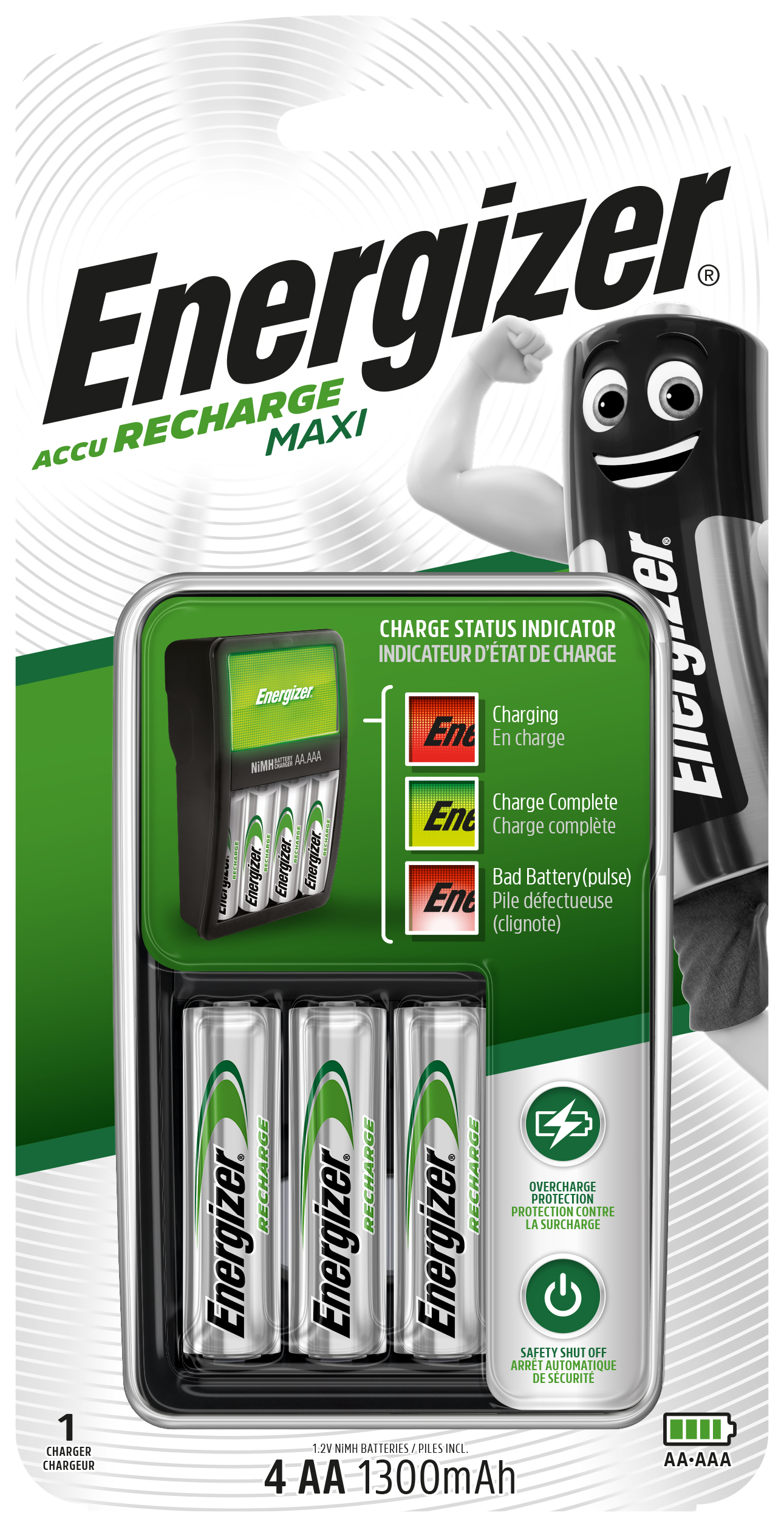 Energizer Maxi Battery Charger UK with 4 AA NiMH Rechargable Batteries