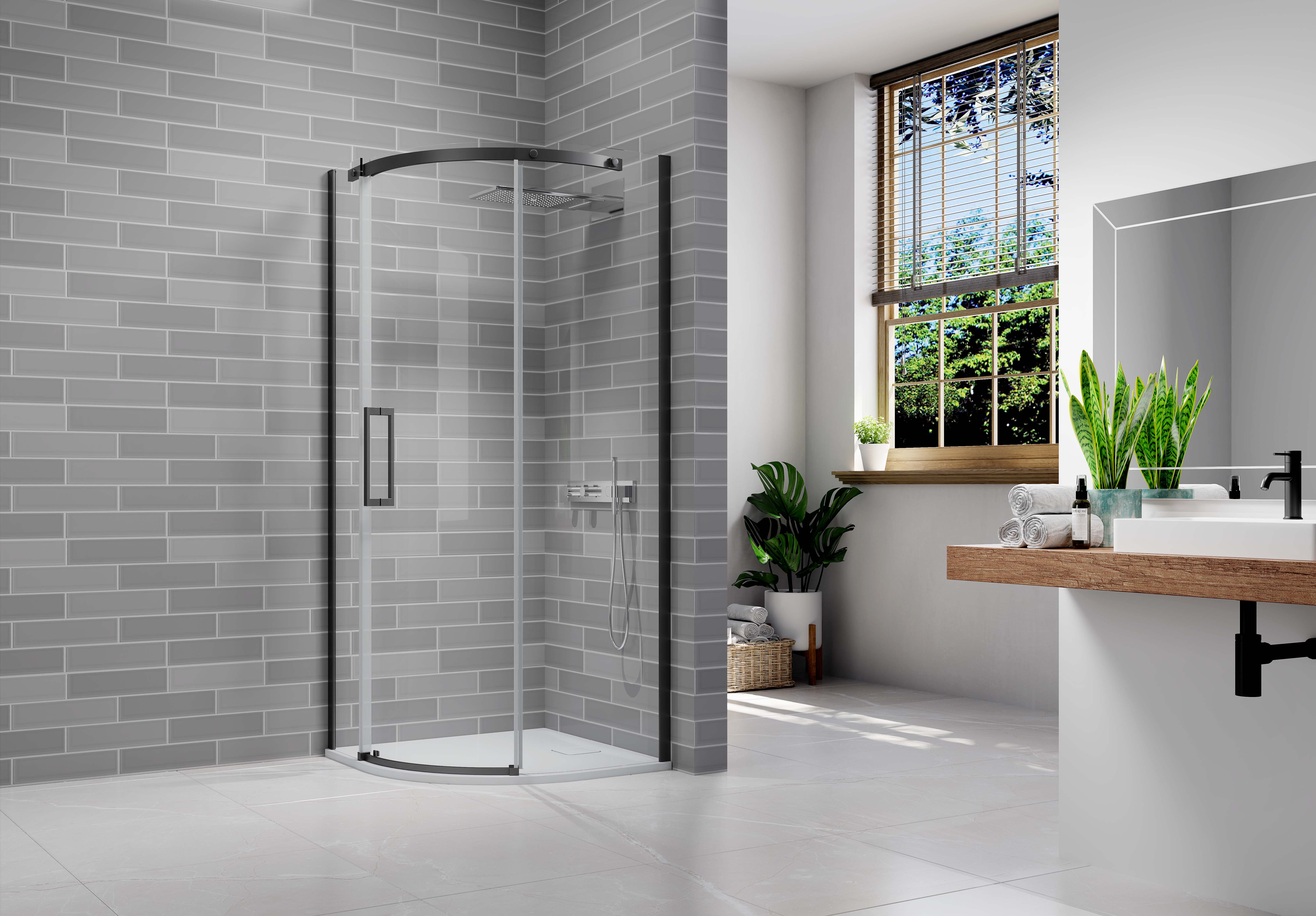 Nexa By Merlyn 8mm Black Frameless Quadrant Single Sliding Door Left Opening Shower Enclosure - 900 x 900mm