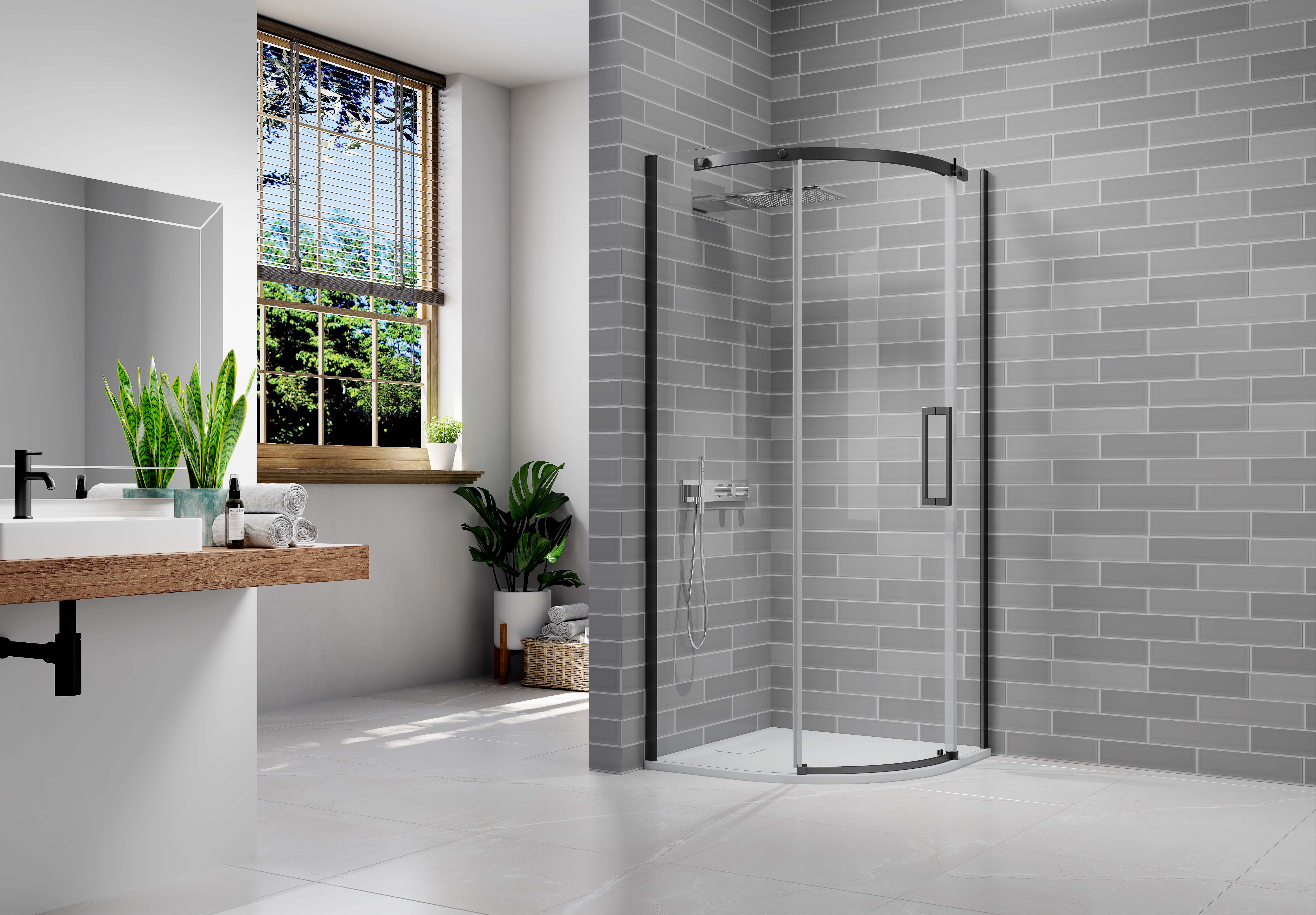 Nexa By Merlyn 8mm Black Frameless Quadrant Single Sliding Door Right Opening Shower Enclosure - 900 x 900mm