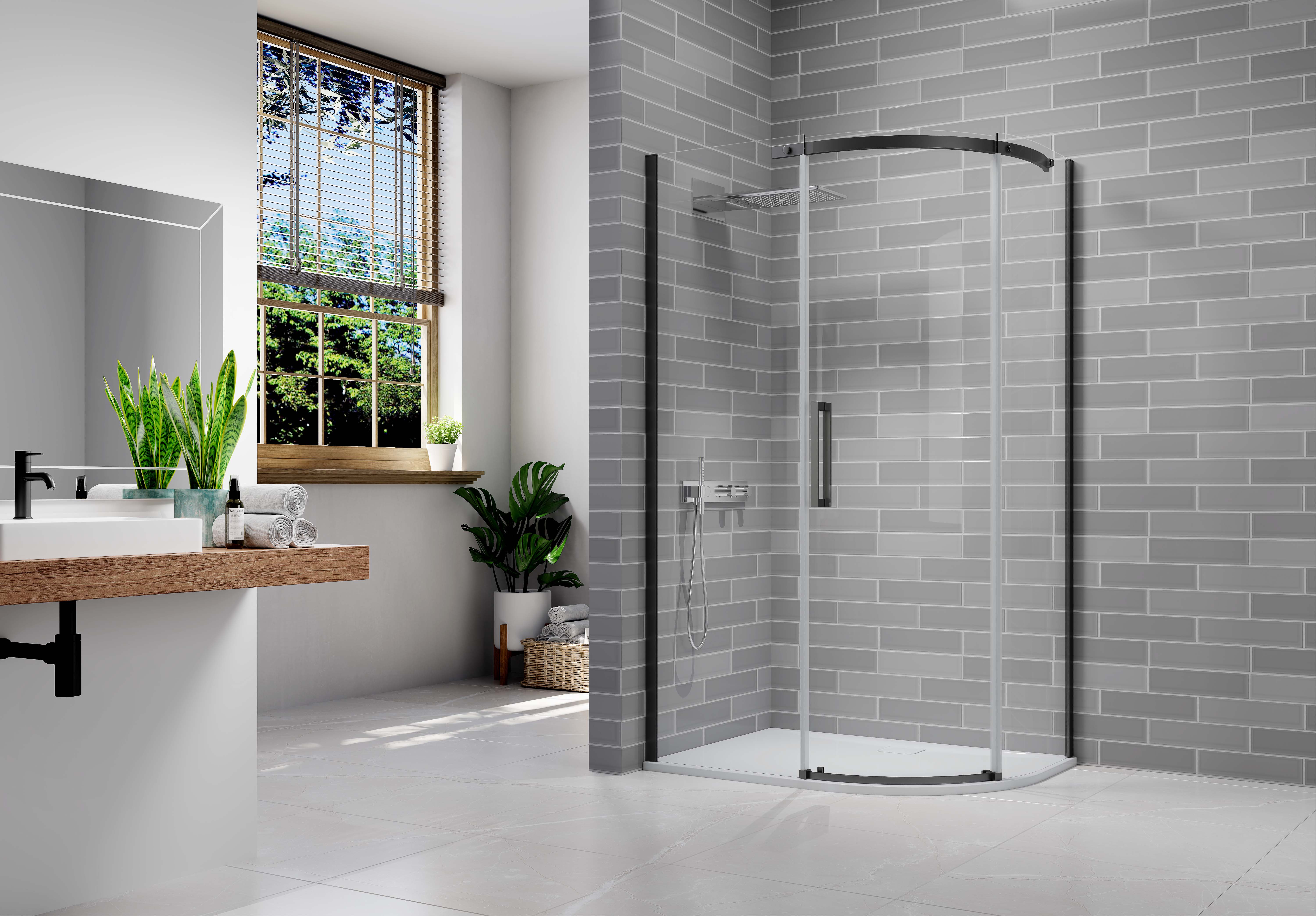 Nexa By Merlyn 8mm Black Frameless Offset Quadrant Single Sliding Door Left Opening Shower Enclosure - 1200 x 900mm