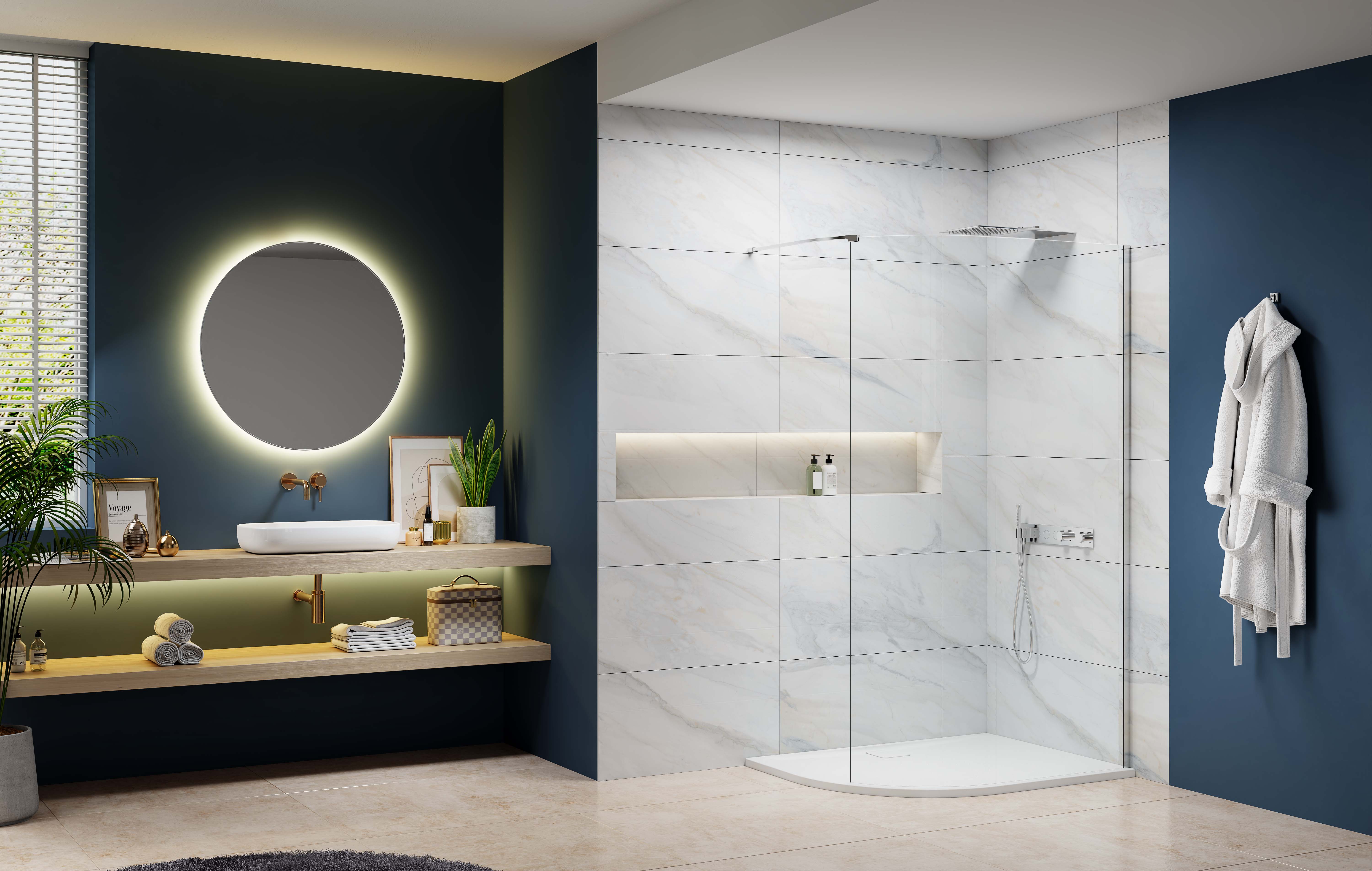 Nexa By Merlyn 8mm Chrome Wet Room Curved Shower Screen with Bracing Bar - Various Sizes