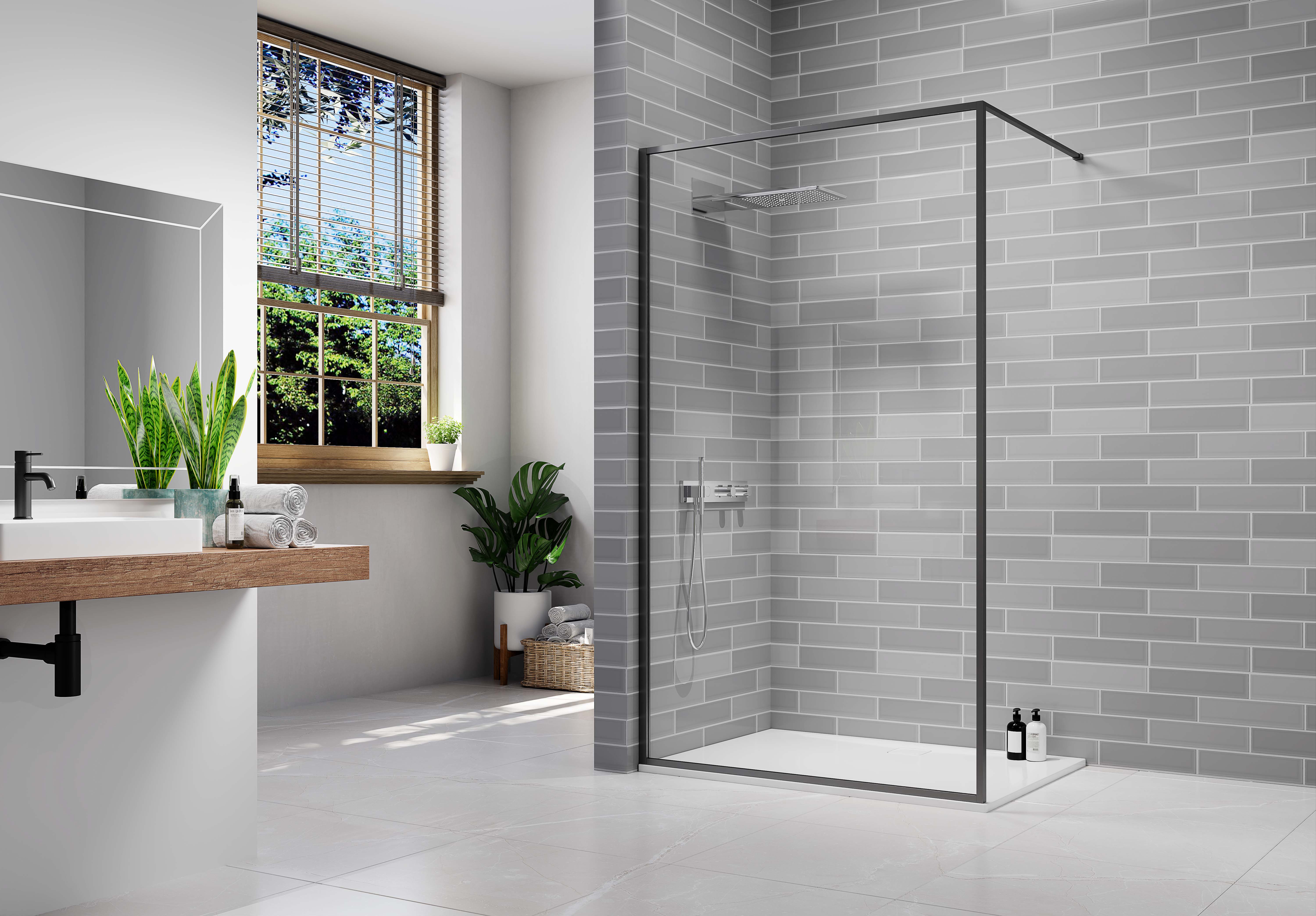 Nexa By Merlyn 8mm Black Framed Wet Room Shower Screen with 1m Bracing Bar - 2015 x 800mm