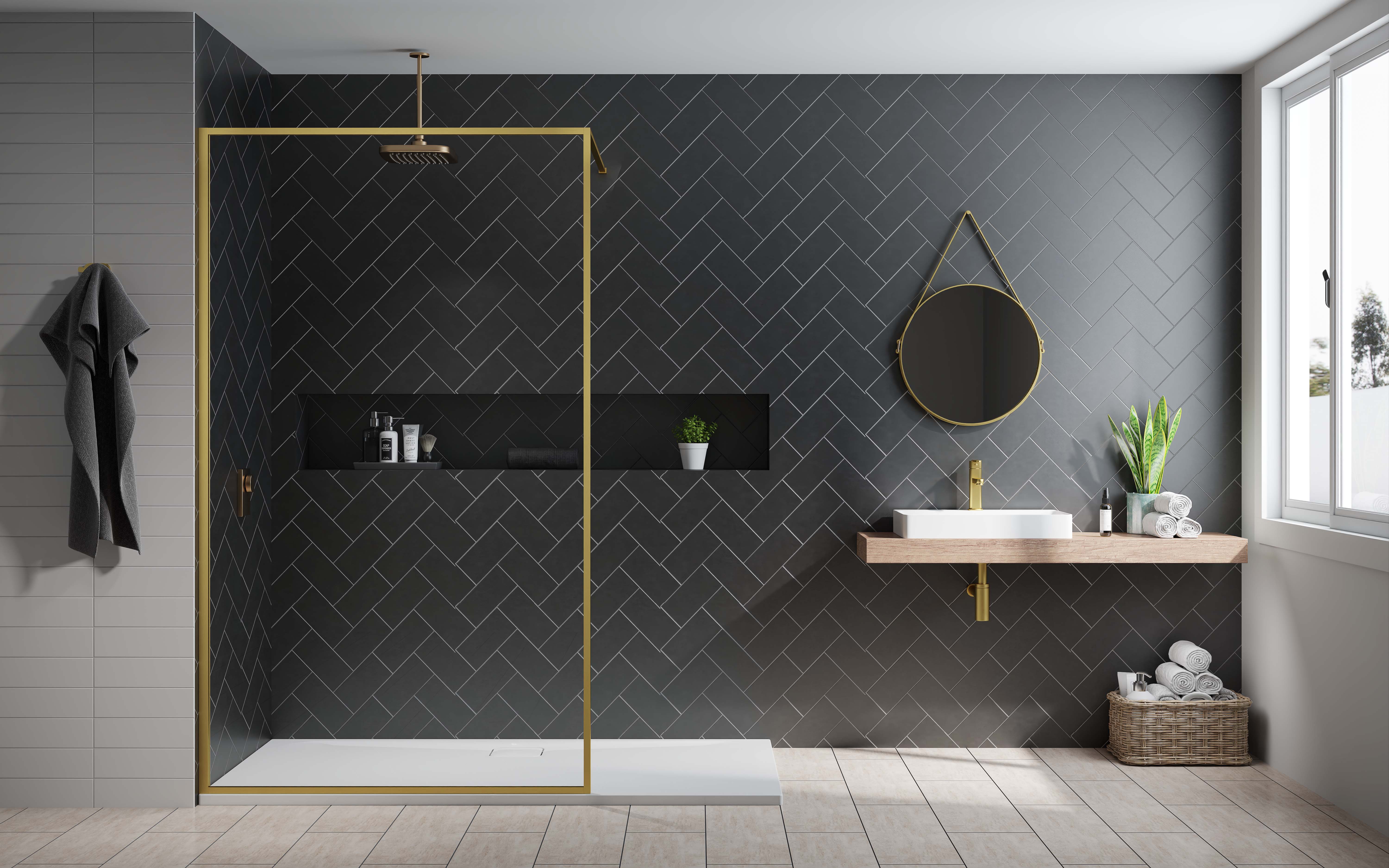 Nexa By Merlyn 8mm Brushed Brass Framed Wet Room Shower Screen with 1m Bracing Bar - 2015 x 800mm