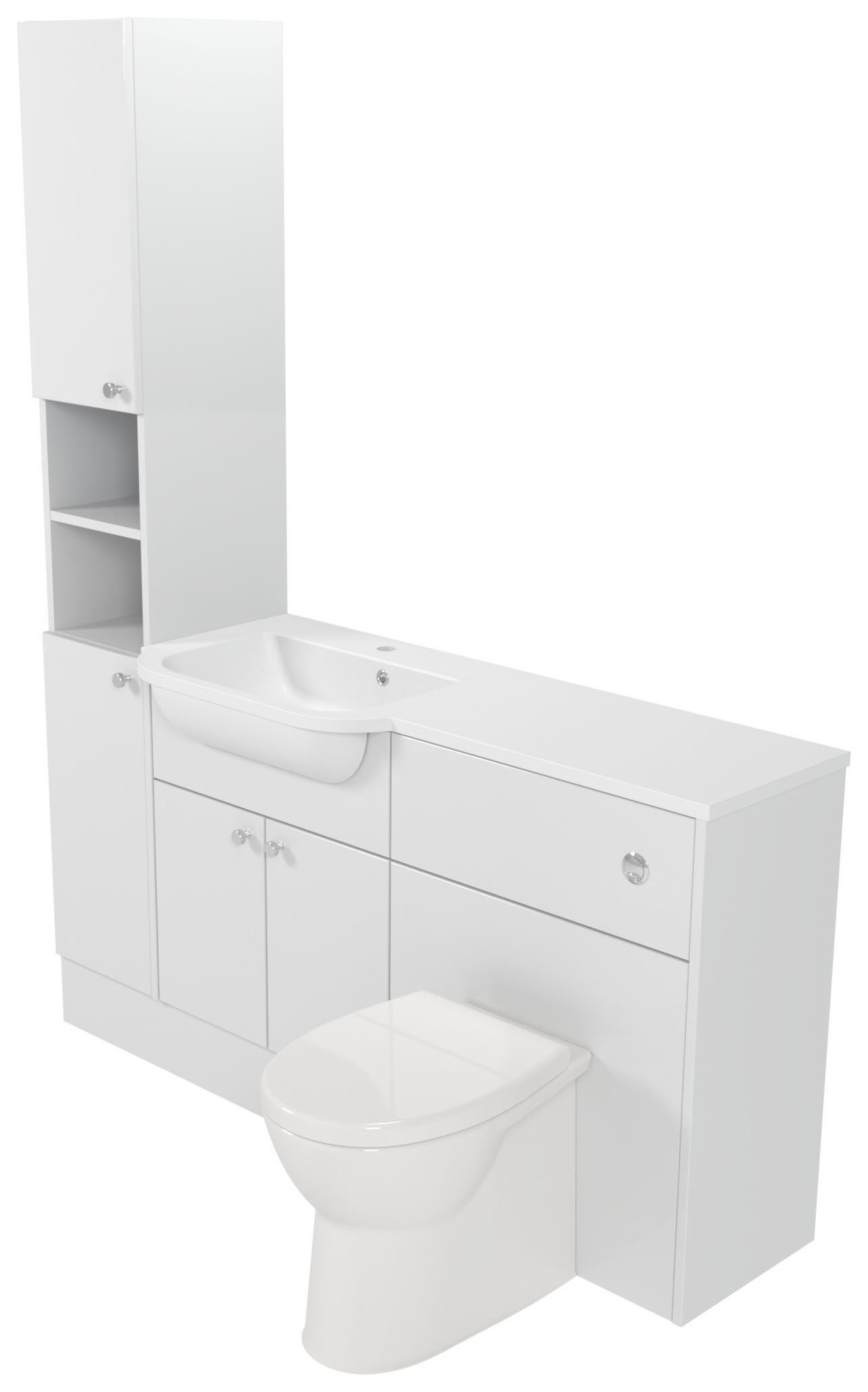 Deccado Benham Bright White 1500mm Fitted Tower, Vanity & Toilet Pan Unit Combination with Basin