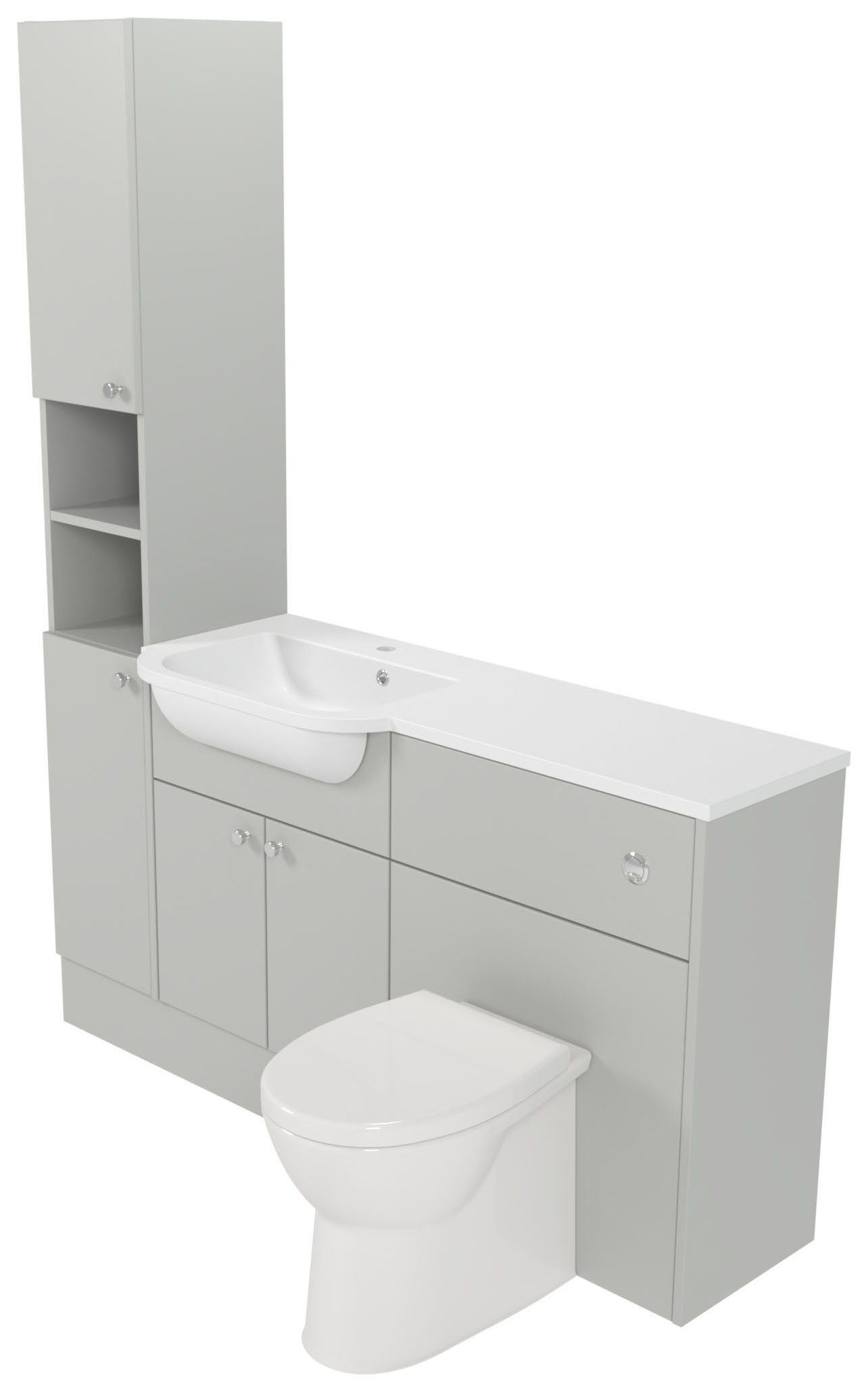 Deccado Benham Whisper Grey Left Hand 1500mm Fitted Tower, Vanity & Toilet Pan Unit Combination with Left Hand Basin