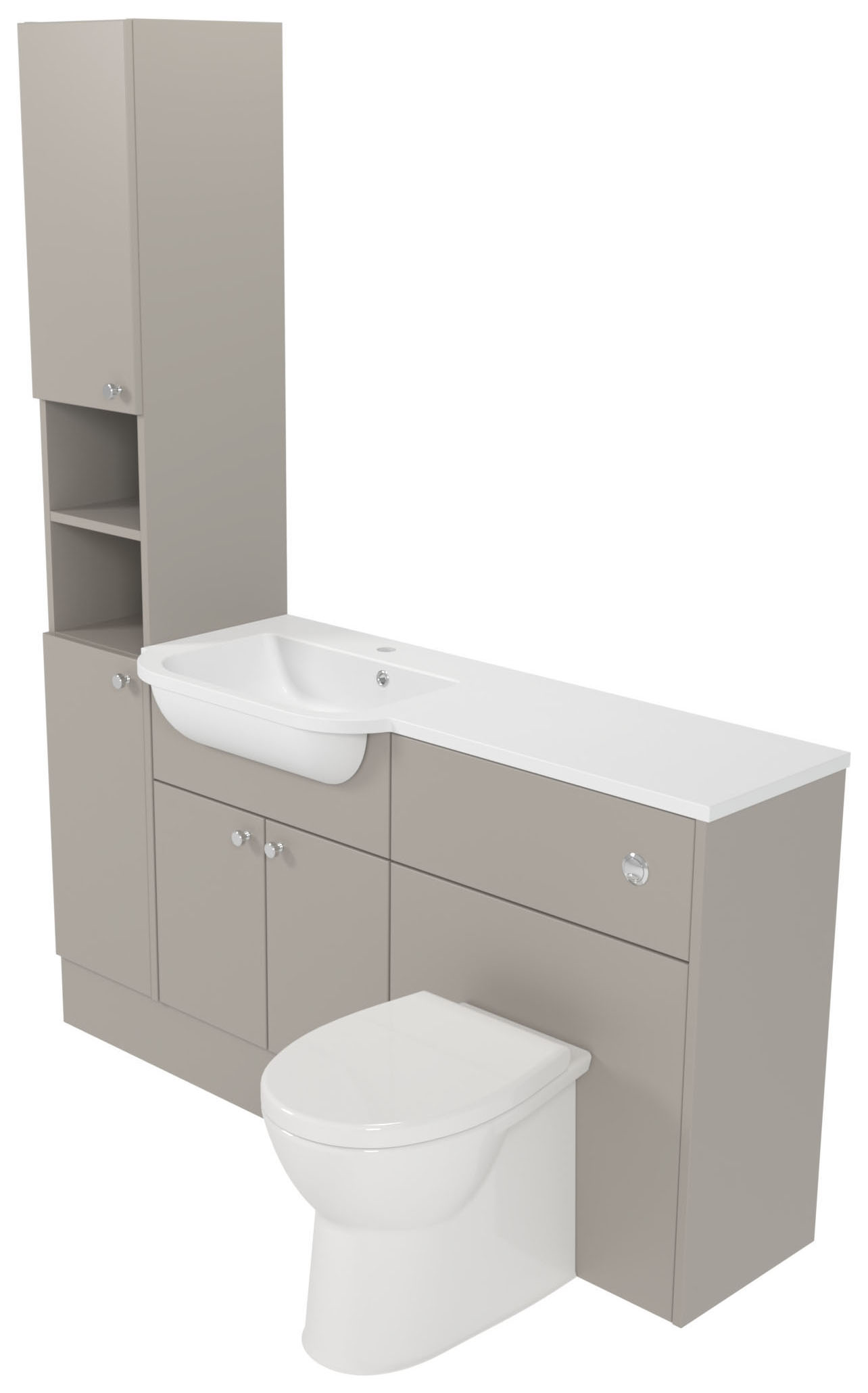 Deccado Benham Soft Suede Left Hand 1500mm Fitted Tower, Vanity & Toilet Pan Unit Combination with Left Hand Basin