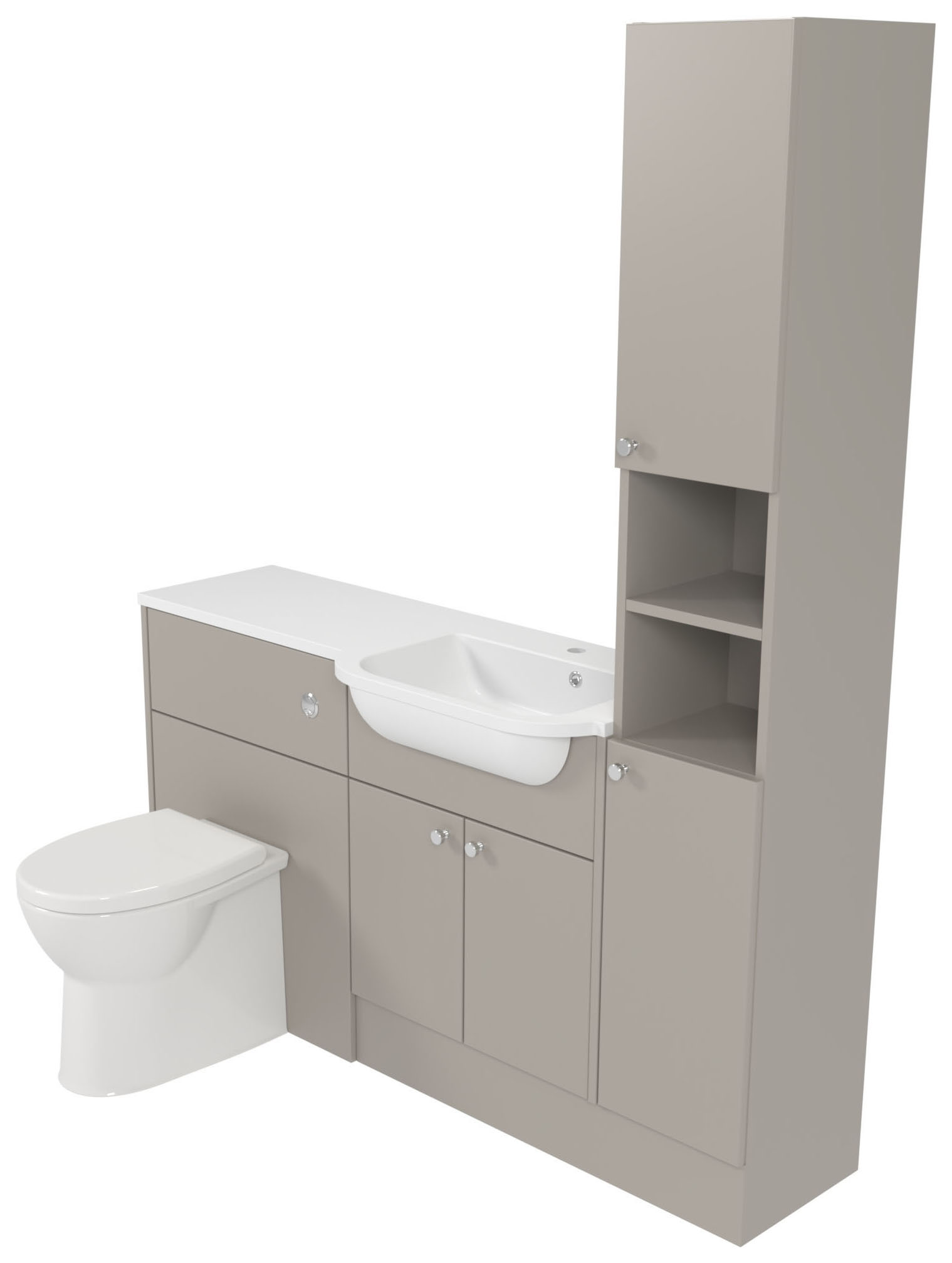 Deccado Benham Soft Suede Right Hand 1500mm Fitted Tower, Vanity & Toilet Pan Unit Combination with Right Hand Basin