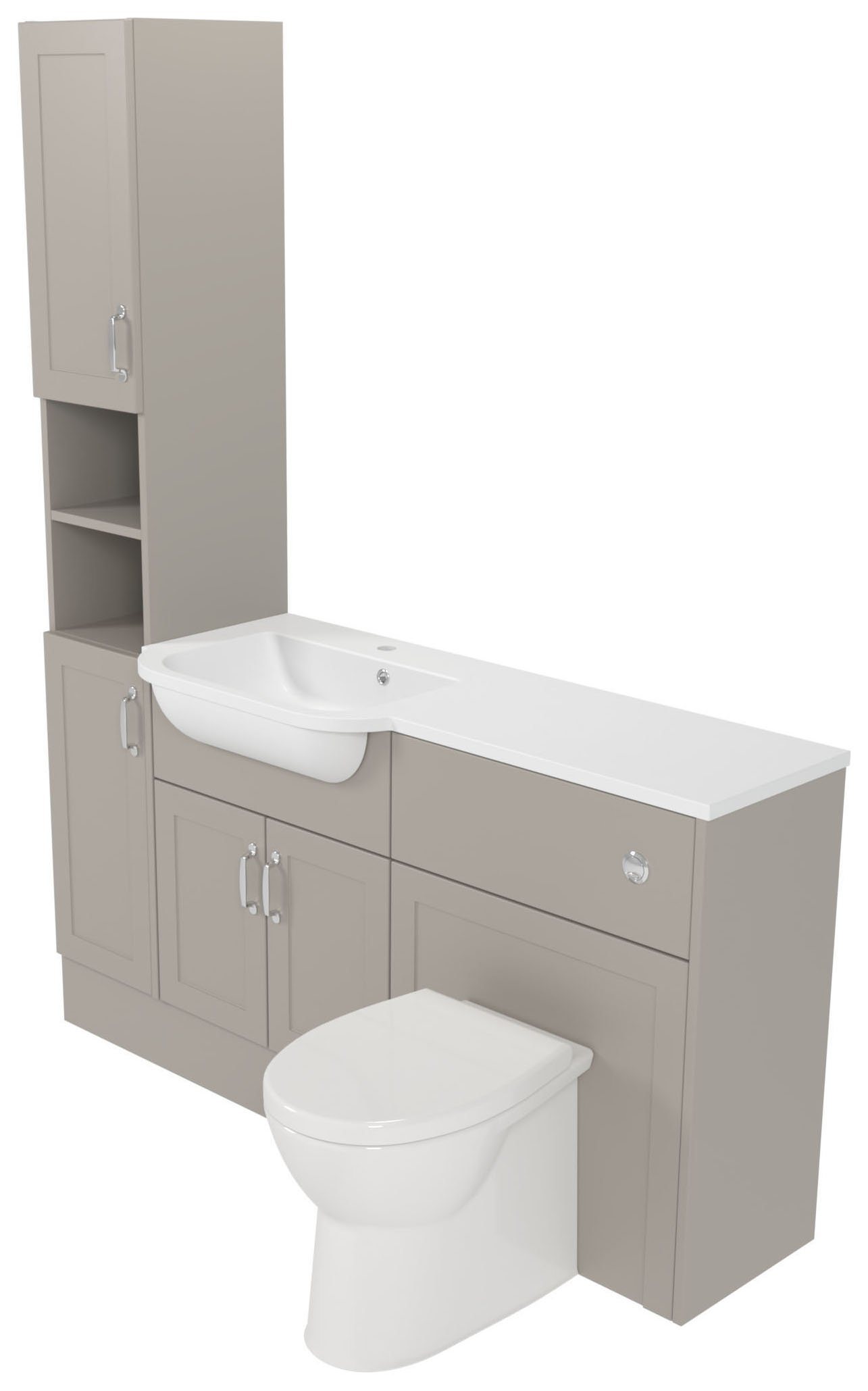 Deccado Padworth Soft Suede Left Hand 1500mm Fitted Tower, Vanity & Toilet Pan Unit Combination with Left Hand Basin