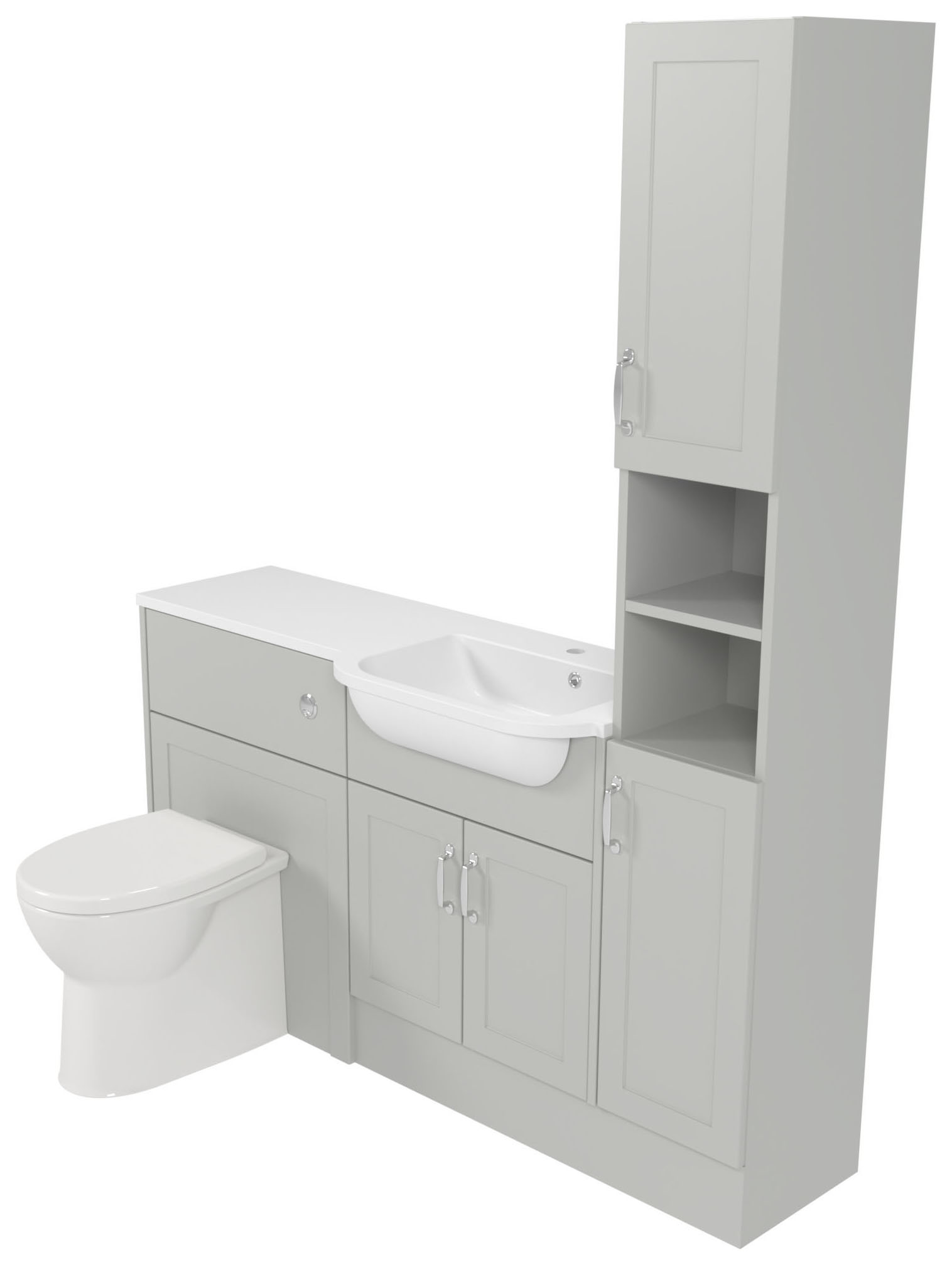 Deccado Padworth Whisper Grey Right Hand 1500mm Fitted Tower, Vanity & Toilet Pan Unit Combination with Right Hand Basin