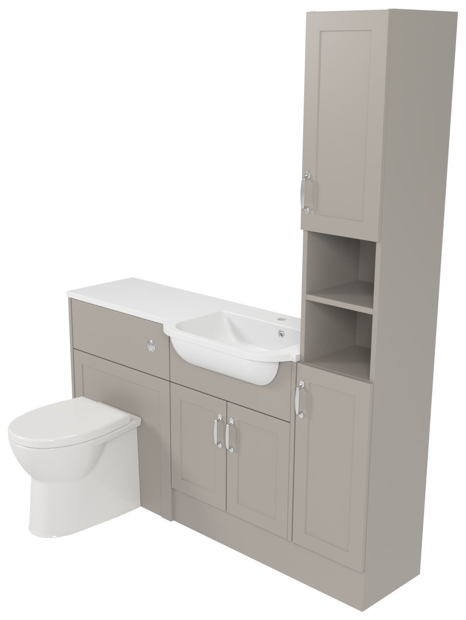 Deccado Padworth Soft Suede Right Hand 1500mm Fitted Tower, Vanity & Toilet Pan Unit Combination with Right Hand Basin