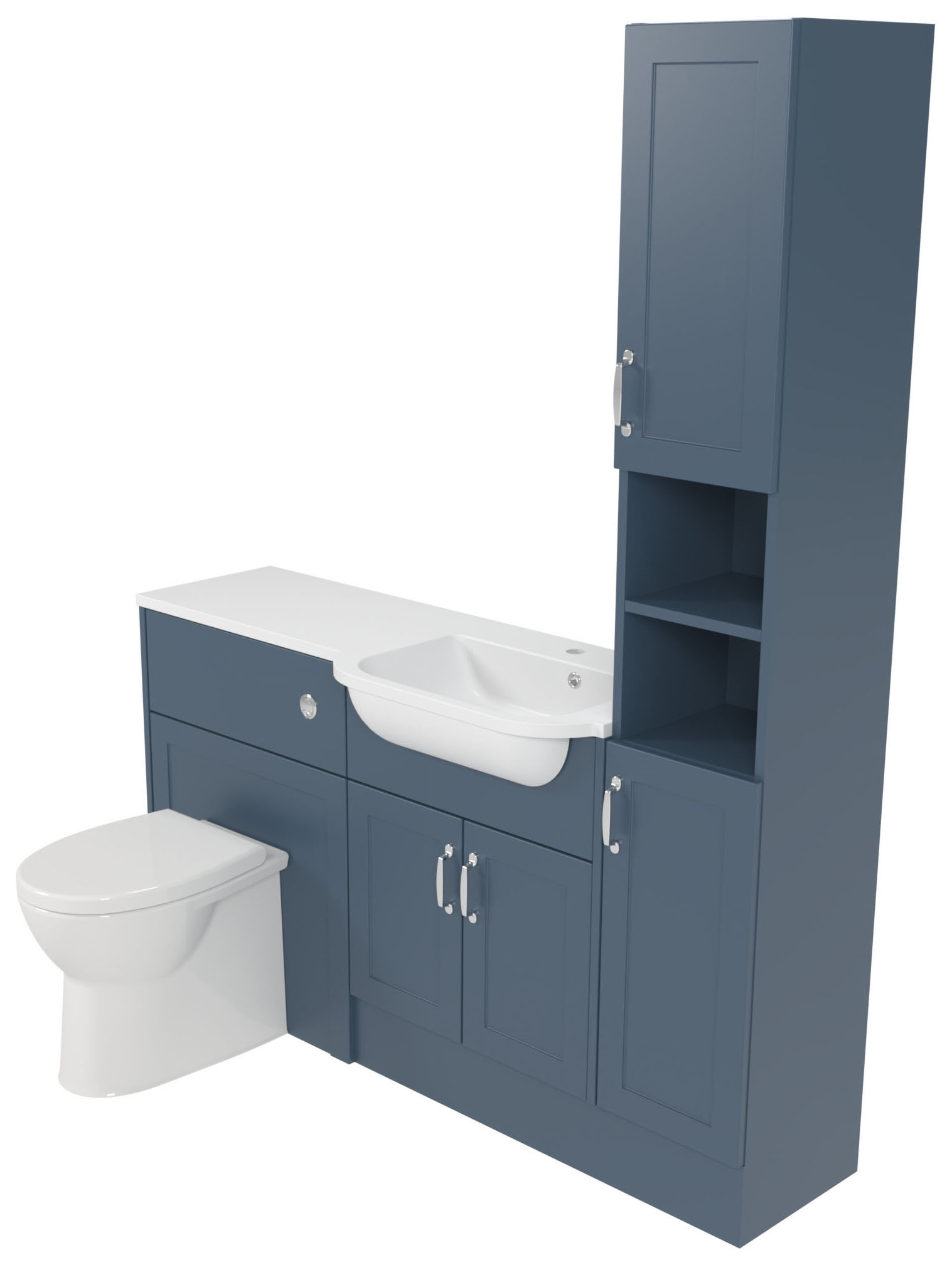 Deccado Padworth Juniper Blue Right Hand 1500mm Fitted Tower, Vanity & Toilet Pan Unit Combination with Right Hand Basin