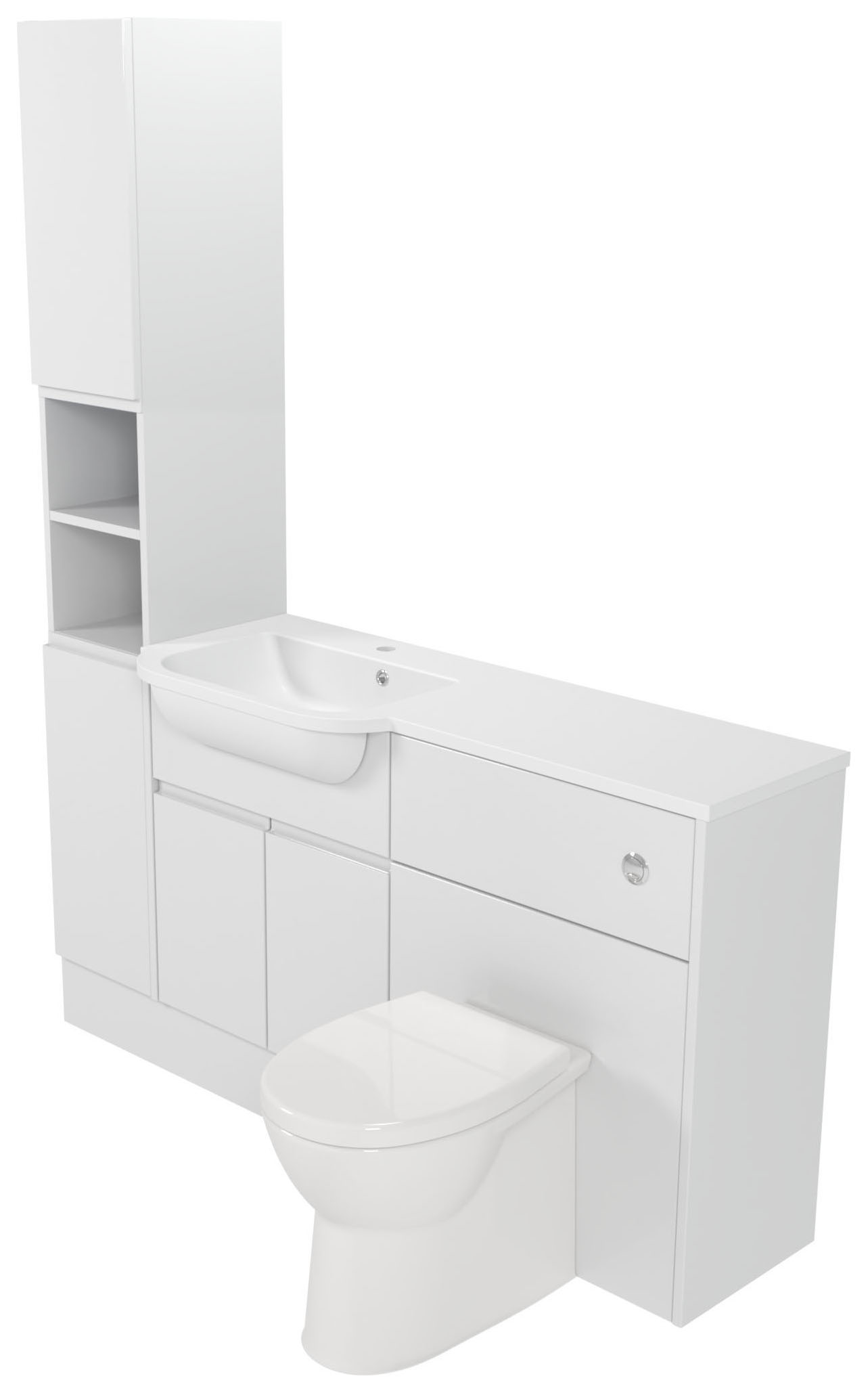 Deccado Clifton Bright White Left Hand 1500mm Fitted Tower, Vanity & Toilet Pan Unit Combination with Left Hand Basin