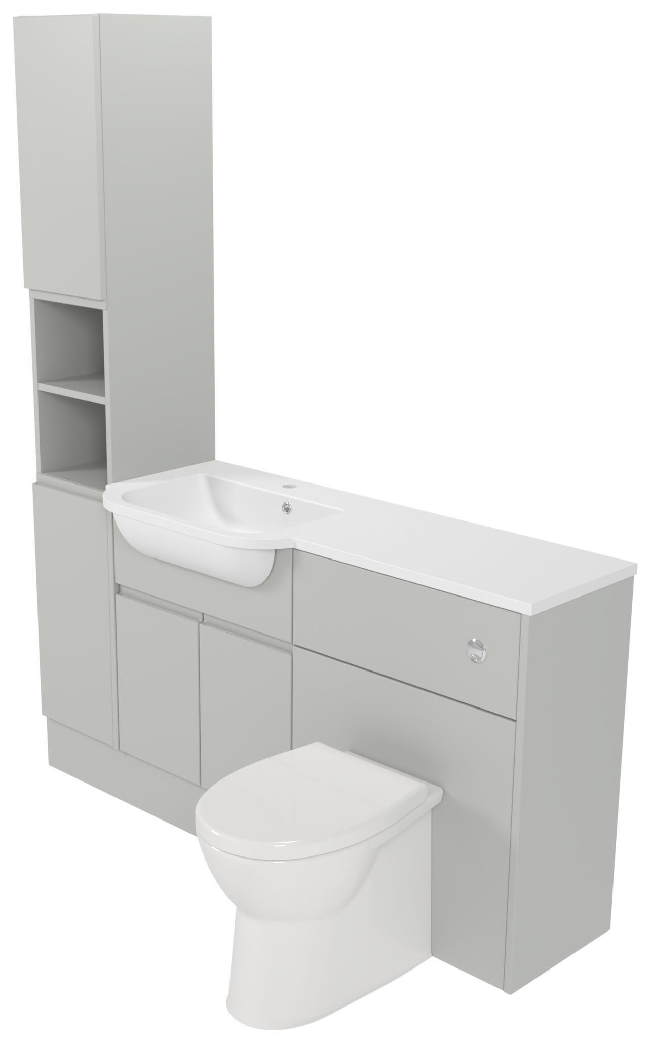 Deccado Clifton Whisper Grey Left Hand 1500mm Fitted Tower, Vanity & Toilet Pan Unit Combination with Left Hand Basin