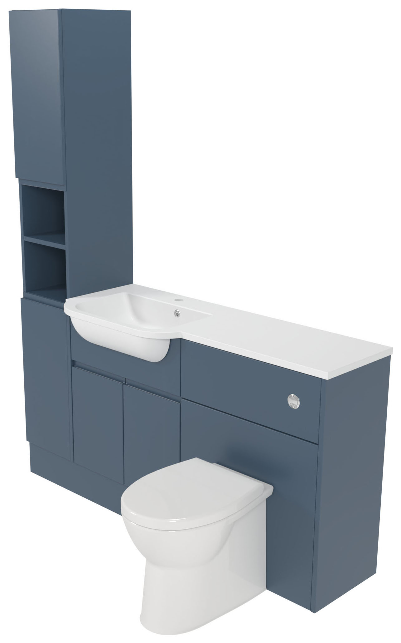 Deccado Clifton Juniper Blue Left Hand 1500mm Fitted Tower, Vanity & Toilet Pan Unit Combination with Left Hand Basin