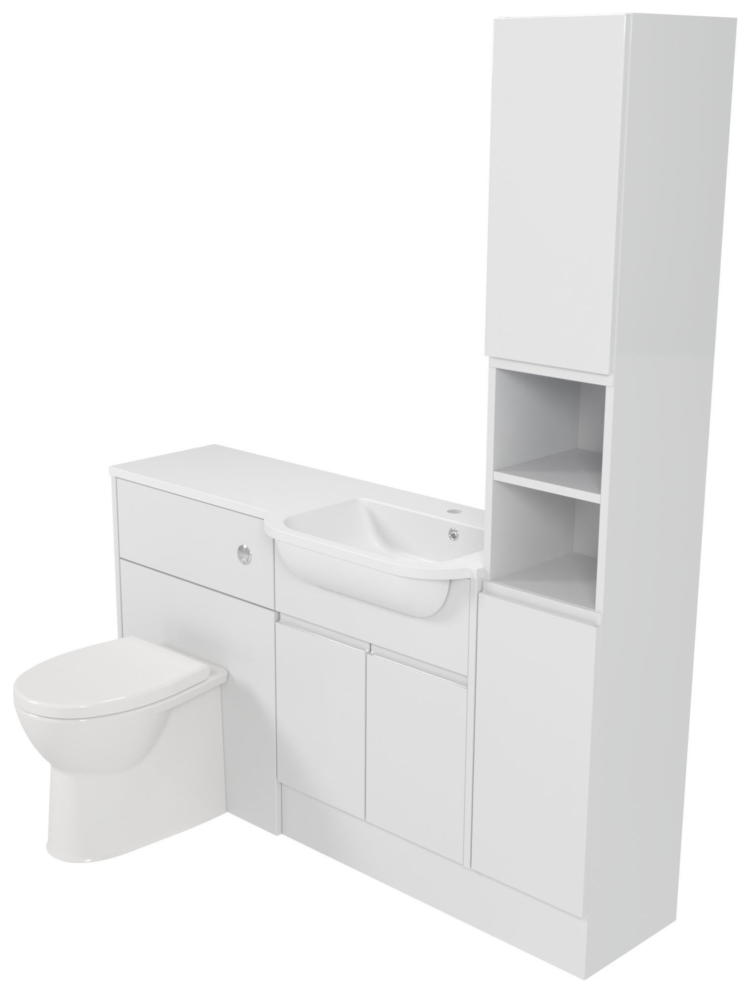 Deccado Clifton Bright White 1500mm Fitted Tower, Vanity & Toilet Pan Unit Combination with Basin
