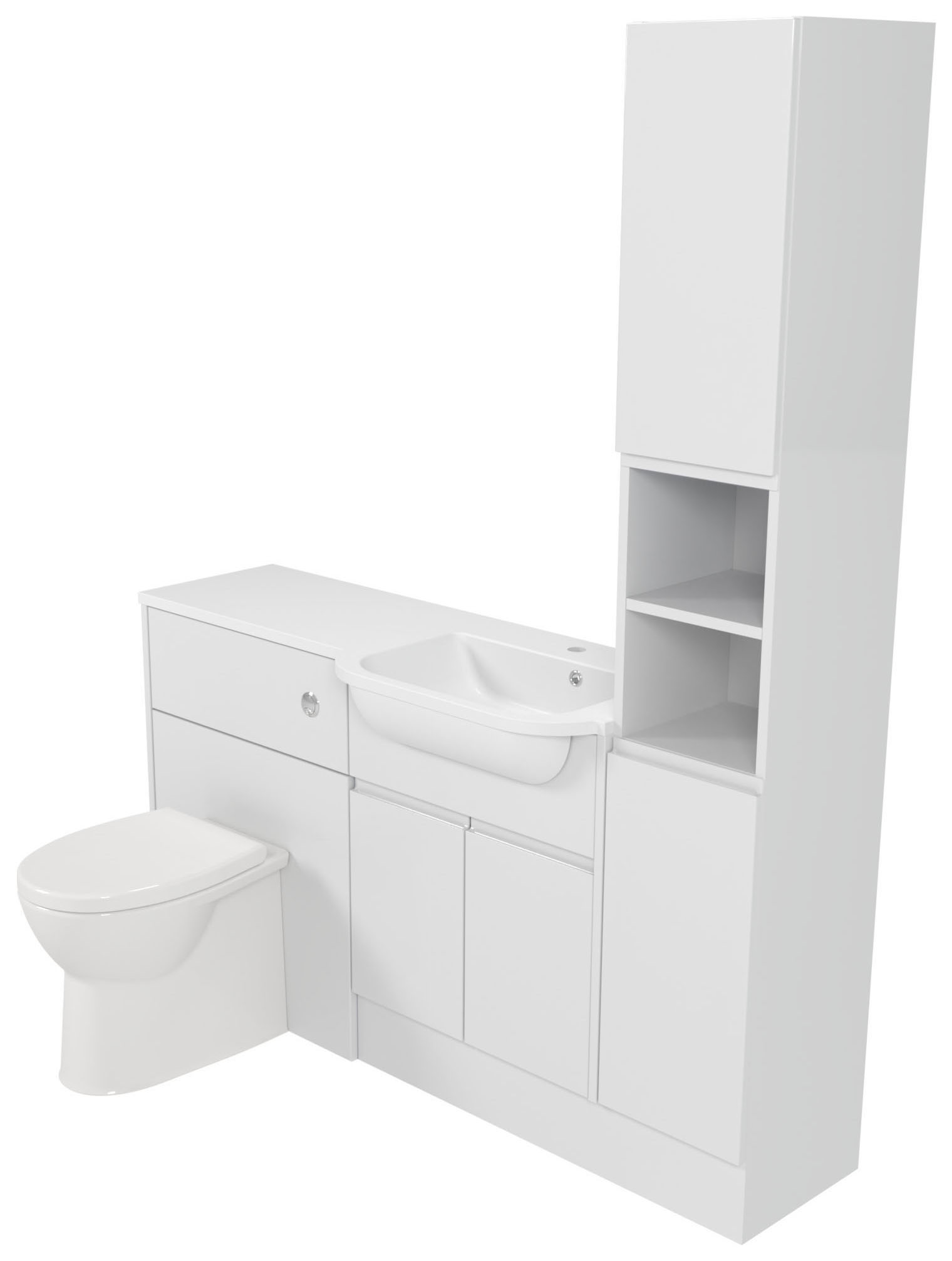 Deccado Clifton Bright White Right Hand 1500mm Fitted Tower, Vanity & Toilet Pan Unit Combination with Right Hand Basin
