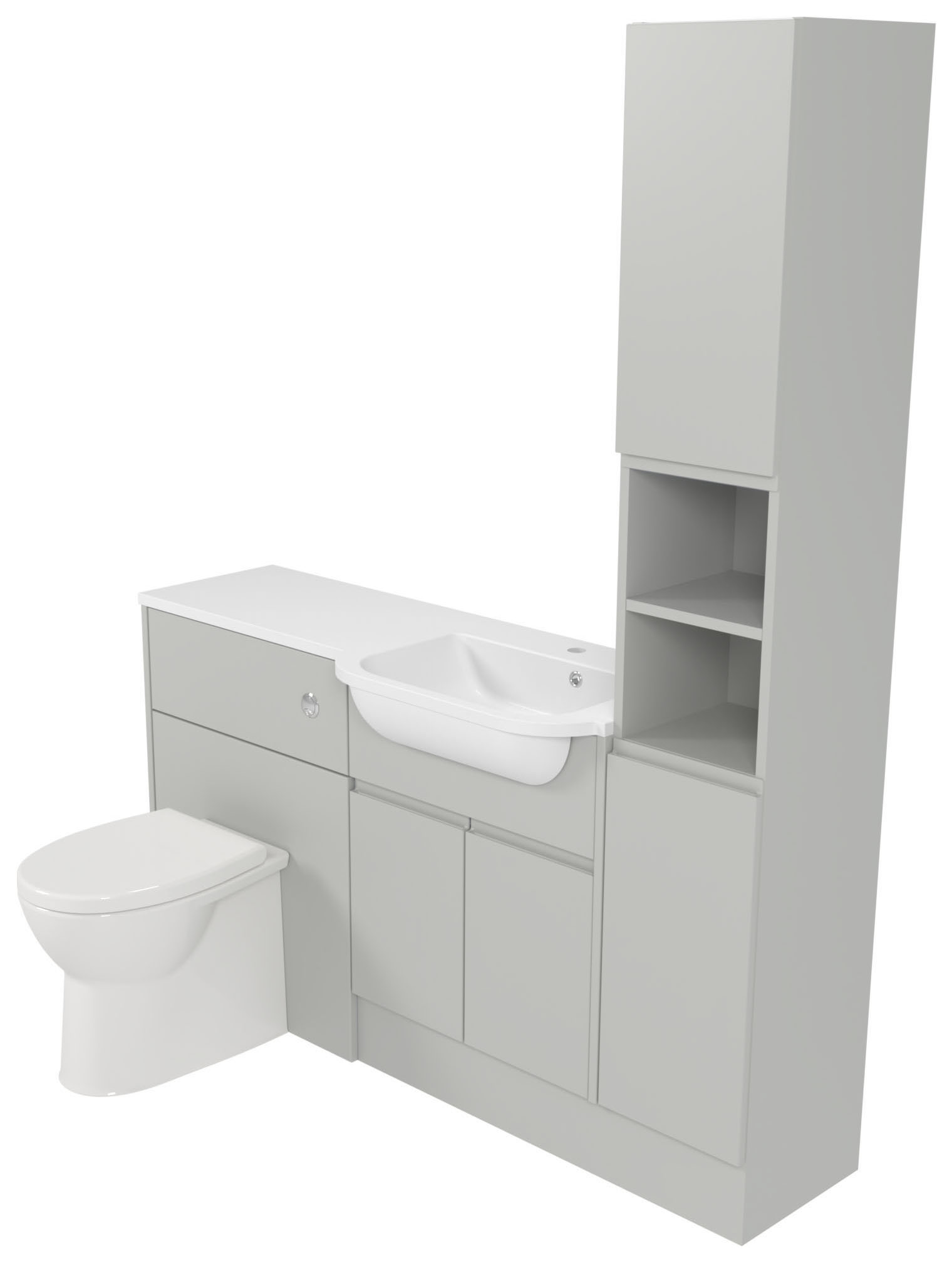 Deccado Clifton Whisper Grey Right Hand 1500mm Fitted Tower, Vanity & Toilet Pan Unit Combination with Right Hand Basin