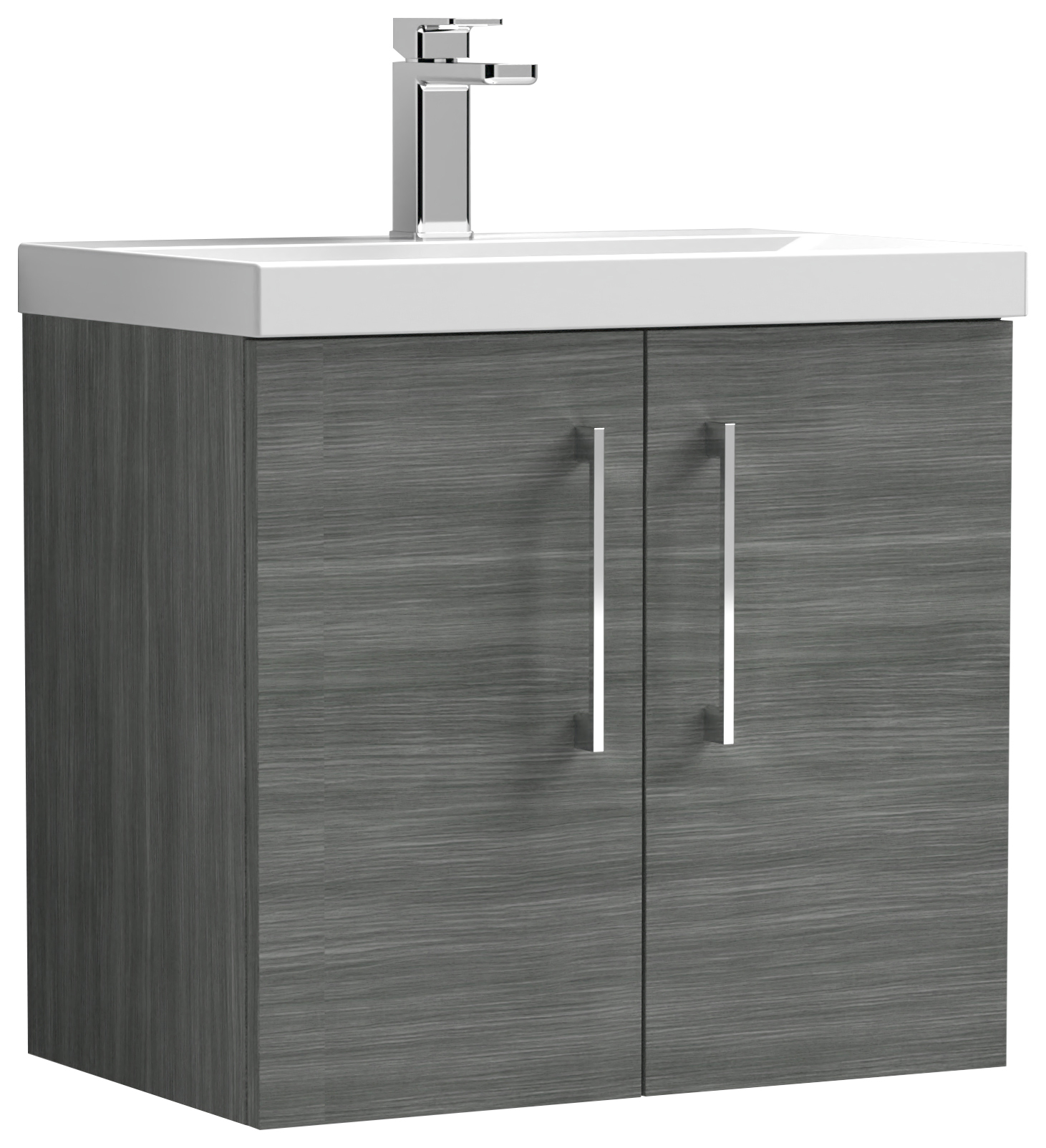 Nuie Anthracite Woodgrain Wall Hung 2 Door Vanity Unit & Basin - 579 x 610mm