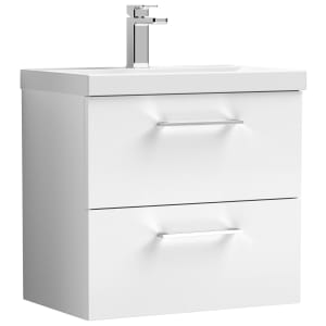 Nuie Arno Gloss White Wall Hung 2 Drawer Vanity Unit & Basin - 579 x 610mm