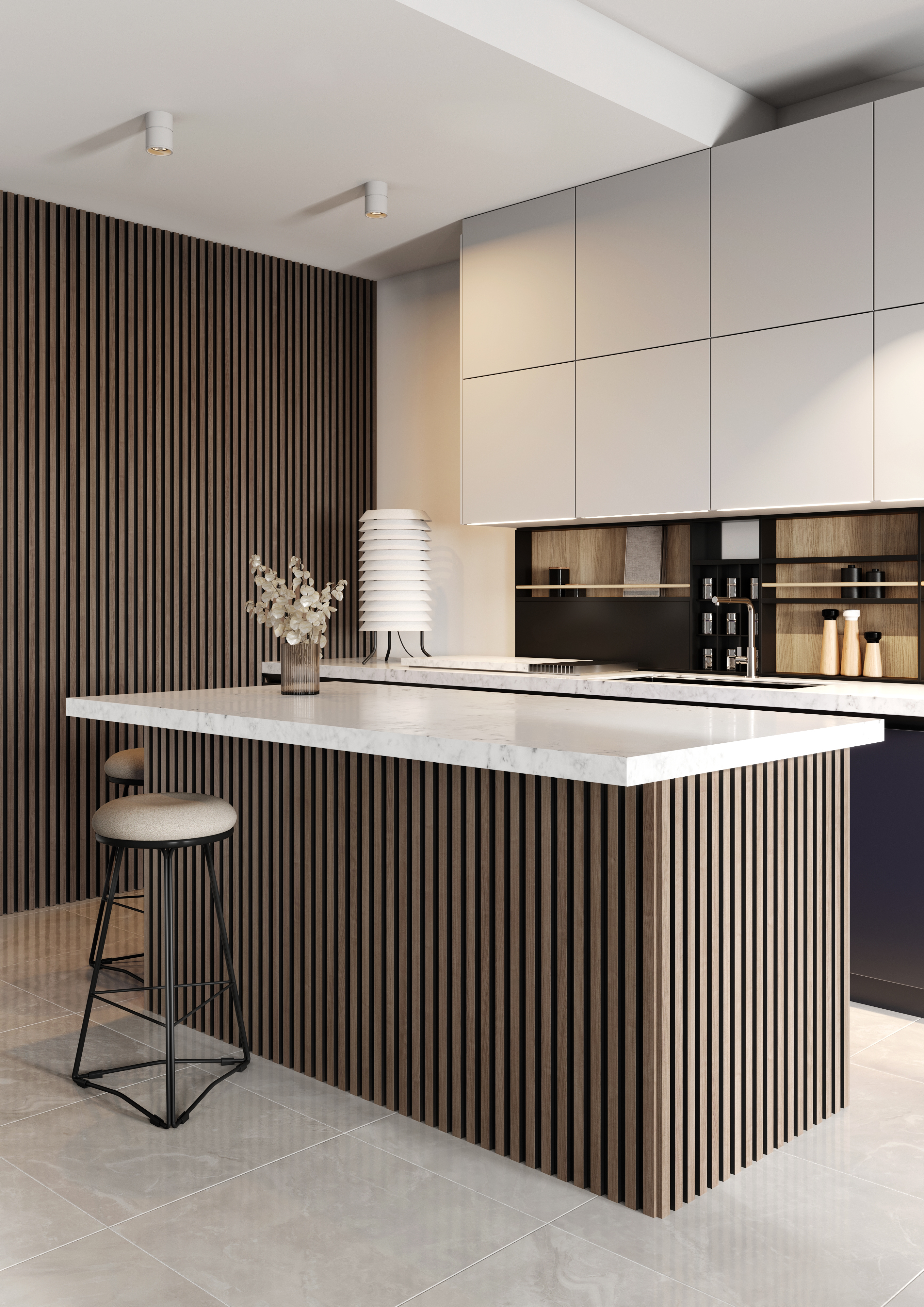 Corlea Walnut & Black Slatted Wall Panelling -