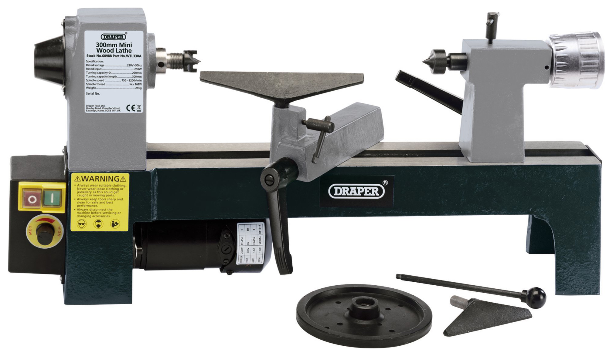 Draper WTL330A Variable Speed Mini Wood Lathe - 250W