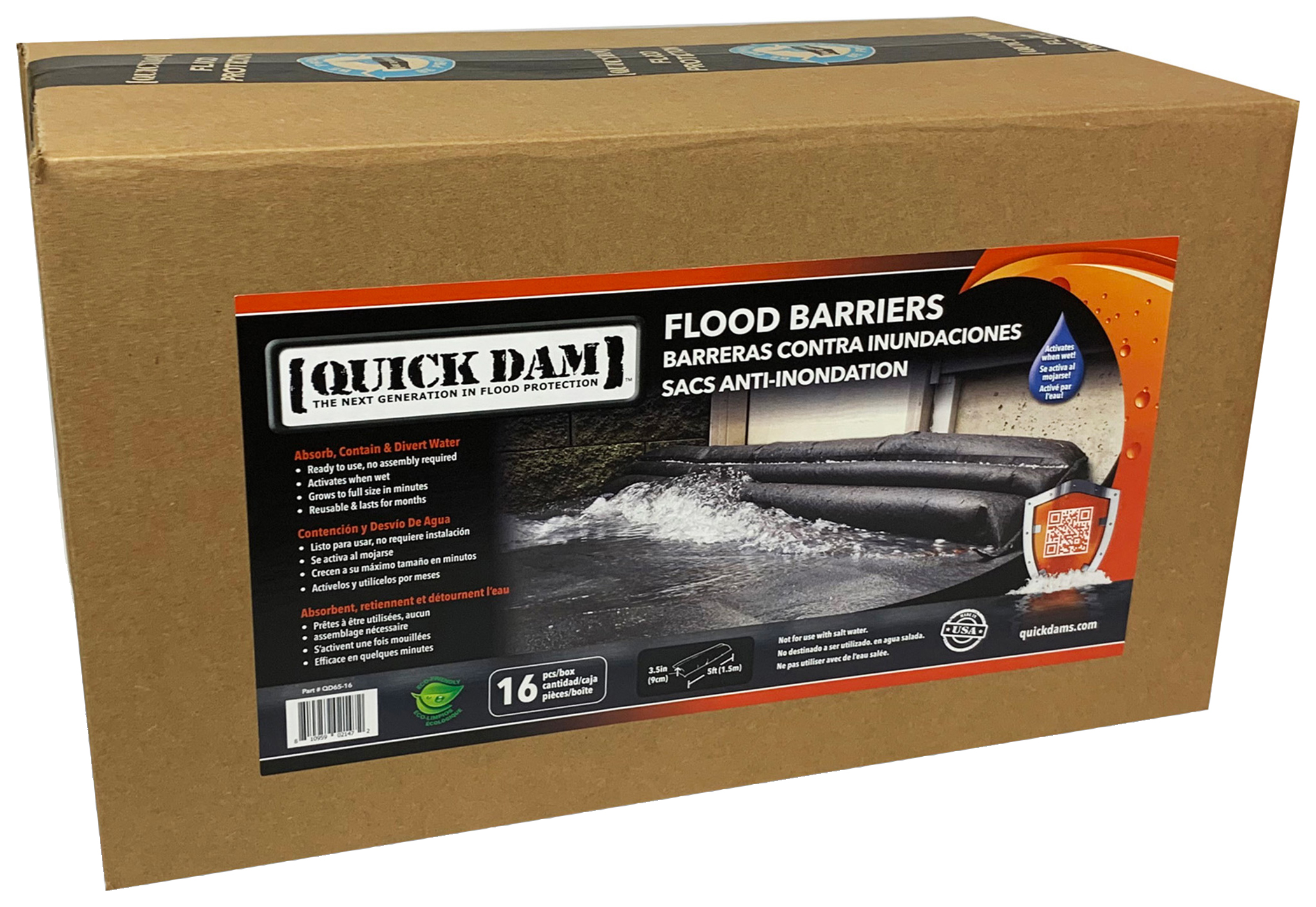 Quick Dam QD65-16 Water Activated Flood Barriers - 1.5m/5ft - Pack of 16