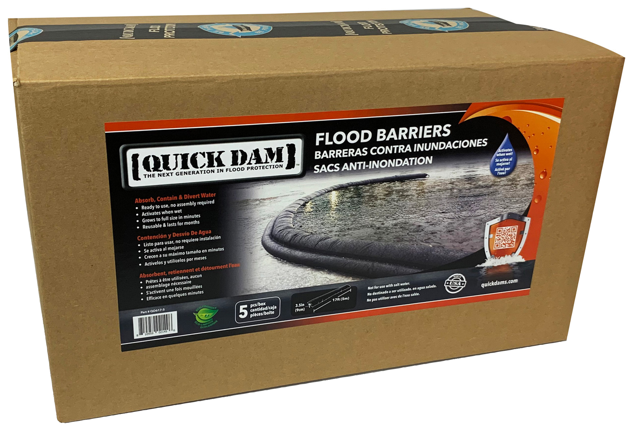 Quick Dam QD617-5 Water Activated Flood Barriers - 5m/17ft - Pack of 5