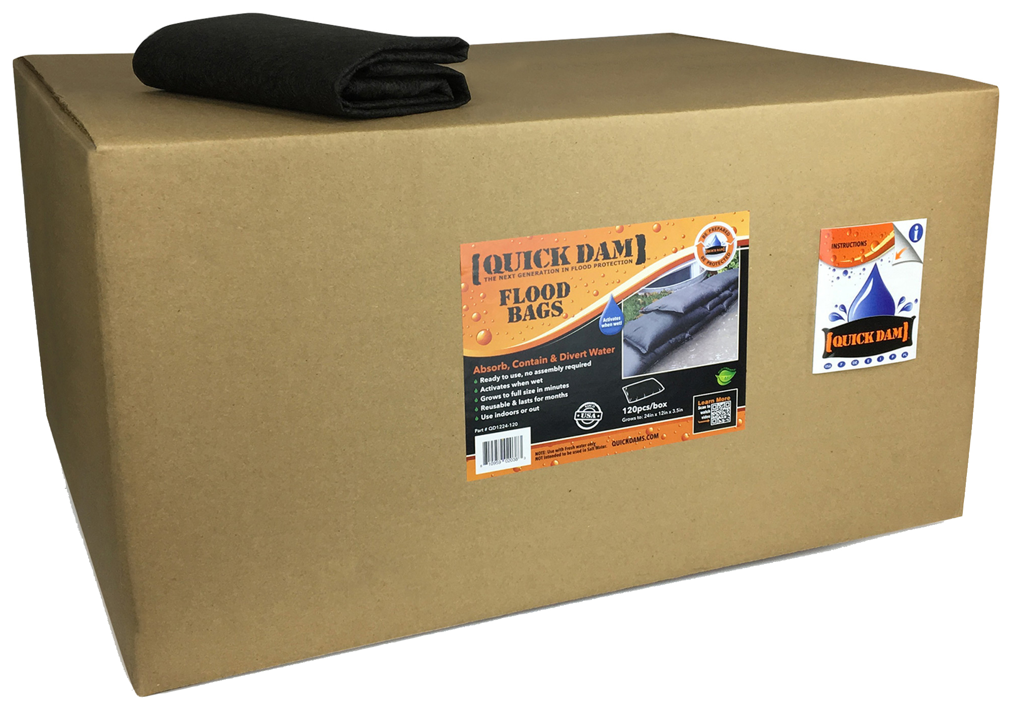 Quick Dam QD1224-120 Water Activated Flood Bags - 30cm/1ft x 61cm/2ft - Pack of 120