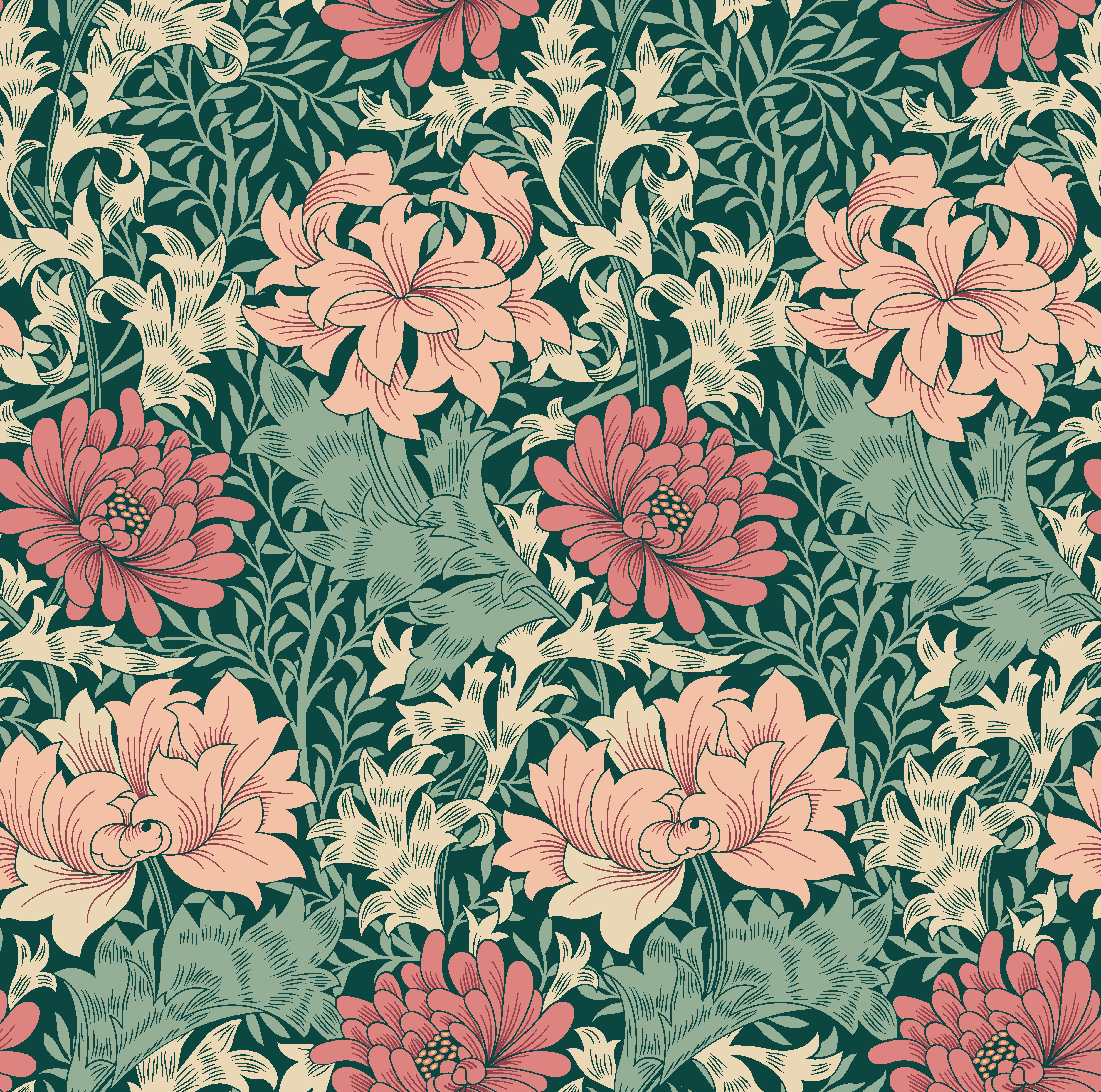 Hoopla Chrysanthemum Green & Pink Matt Wallpaper -