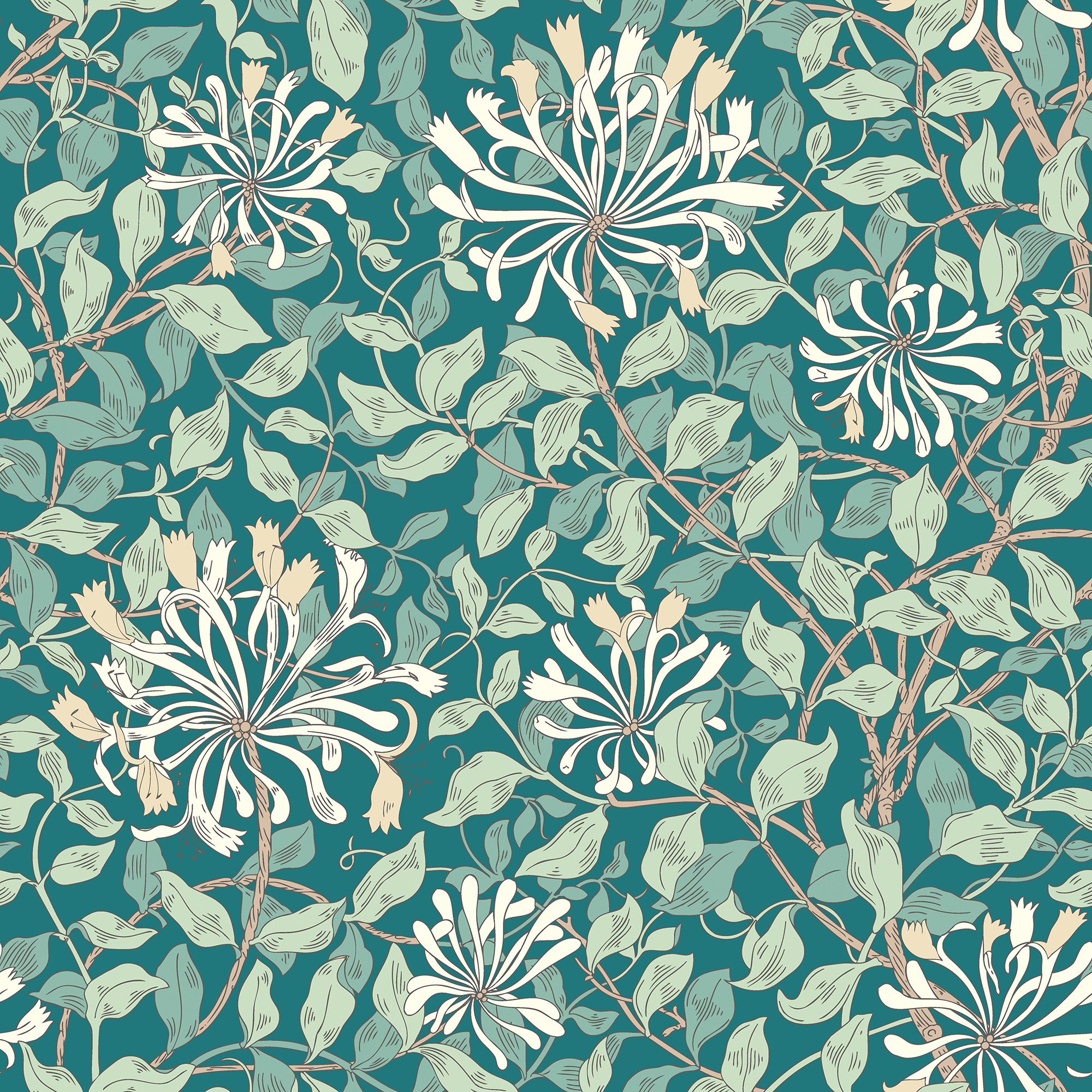 Hoopla Honeysuckle Dark Jade Leaf Trail Matt Wallpaper - 10m