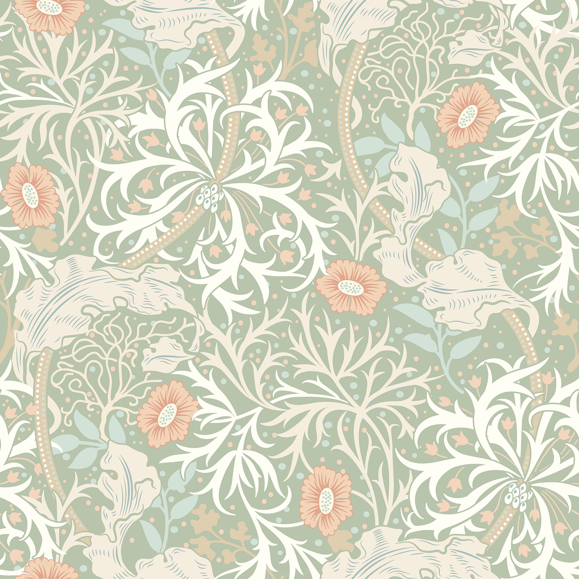 Hoopla Seaweed Garden Sage & Apricot Matt Wallpaper - 10m