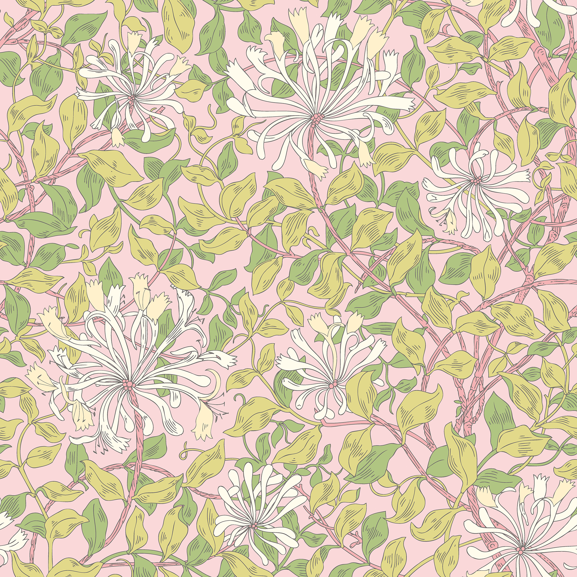 Hoopla Honeysuckle Leaf Trail Coral Pink Matt Wallpaper - 10m